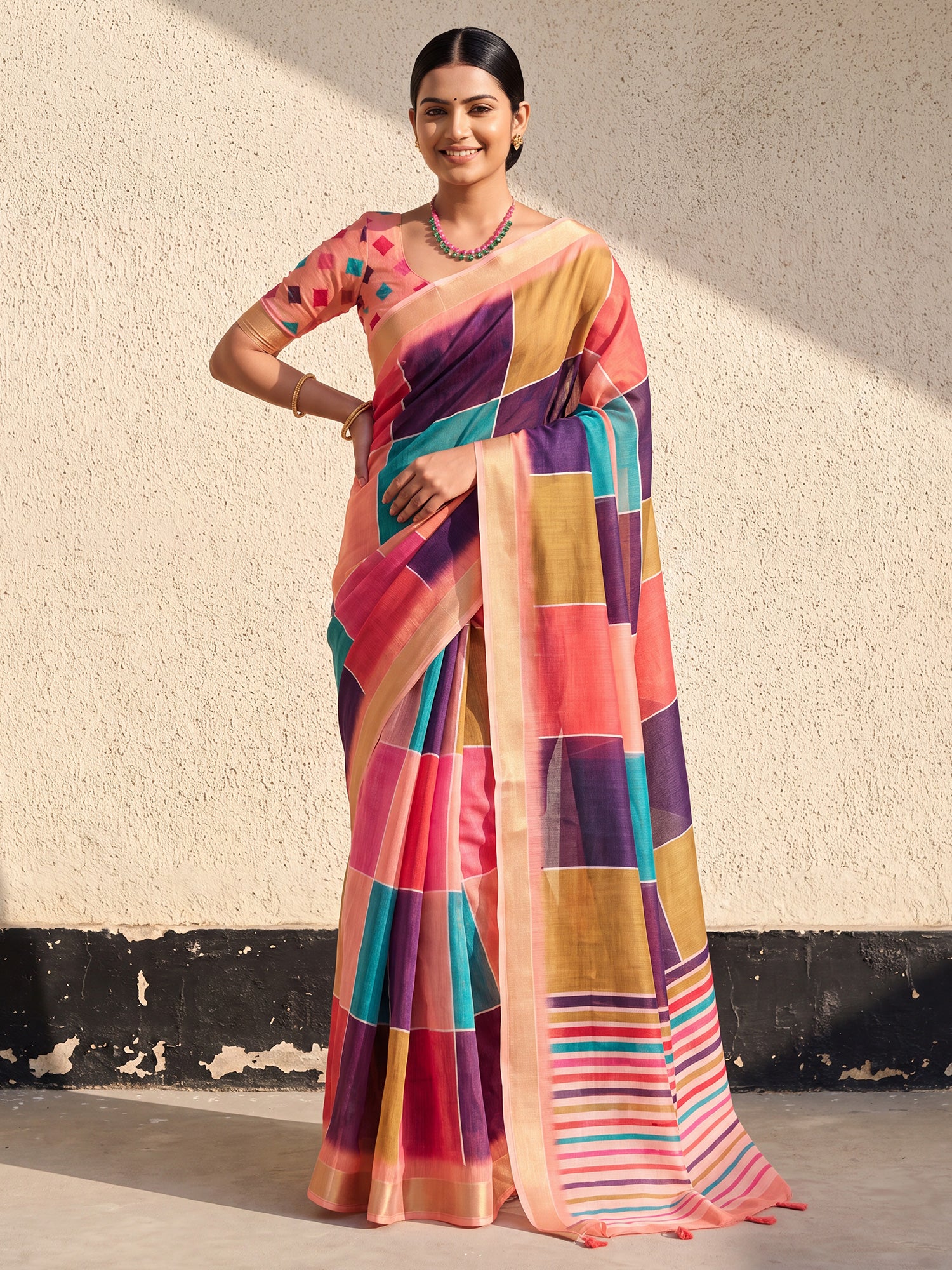 Woman wearing multicolored linen saree with colorblocked design and peach blouse
