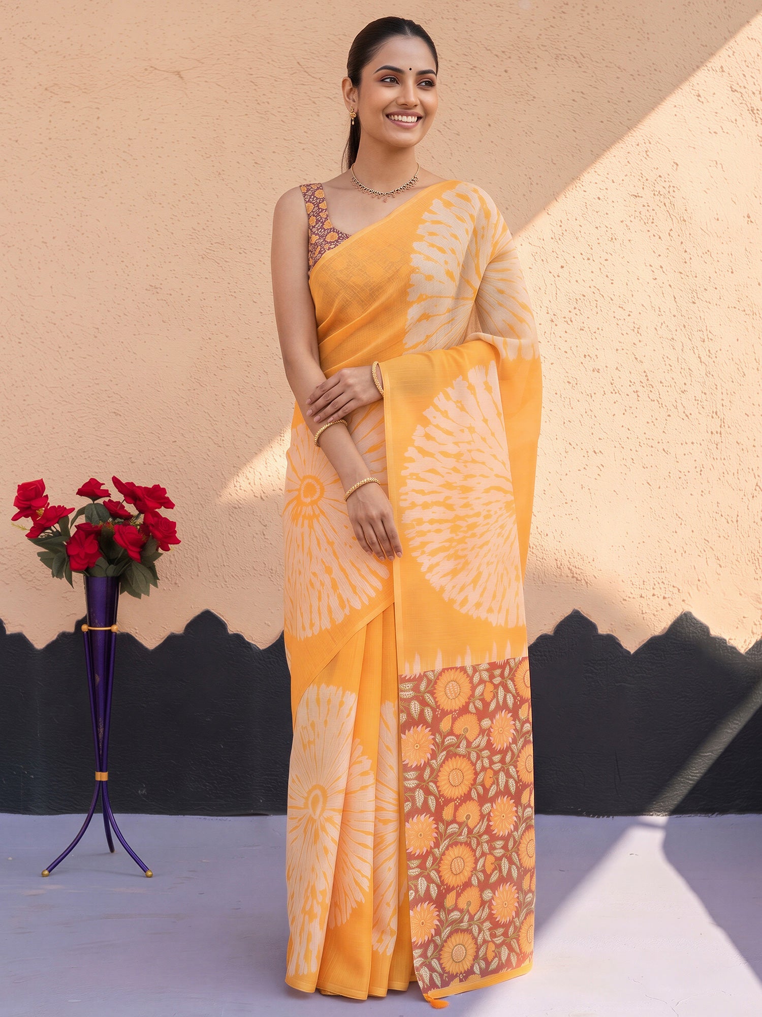 Woman wearing mustard cotton blend saree with shibori resist-dye pattern and multicolored blouse