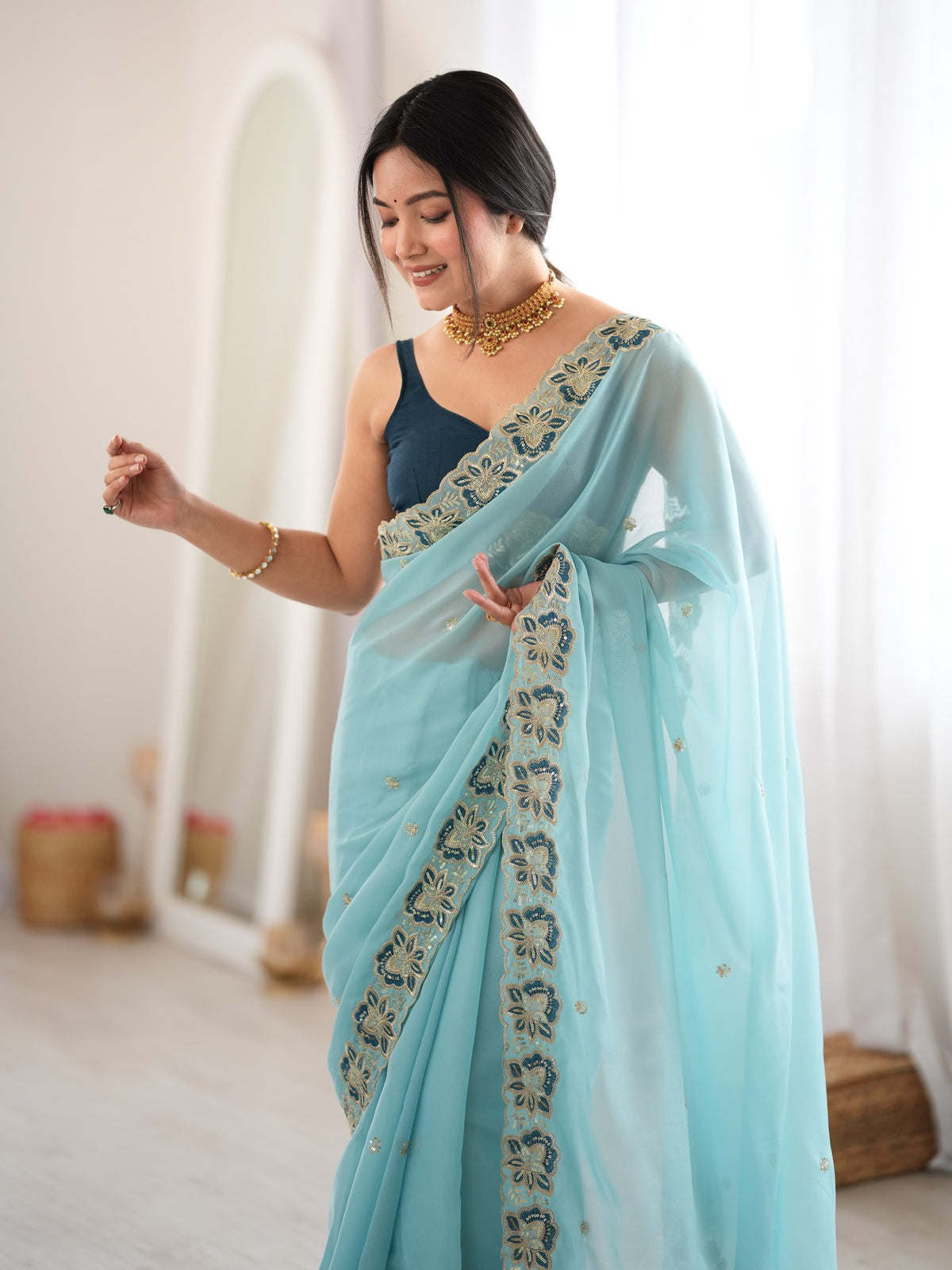 Light Blue Georgette saree – detail view 2