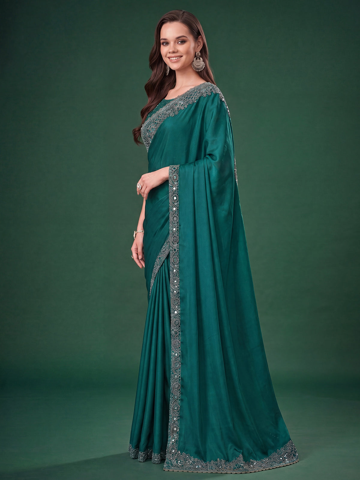 Teal Green Satin Silk saree – detail view 2
