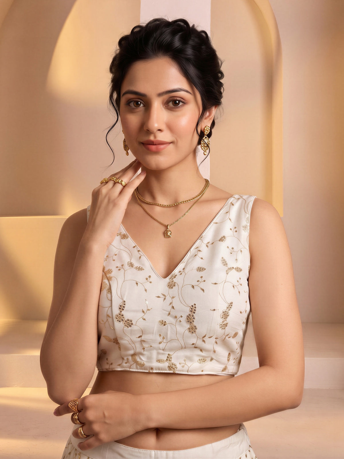 White sequin embroidered vichitra silk sleeveless readymade saree blouse with v neck view 3