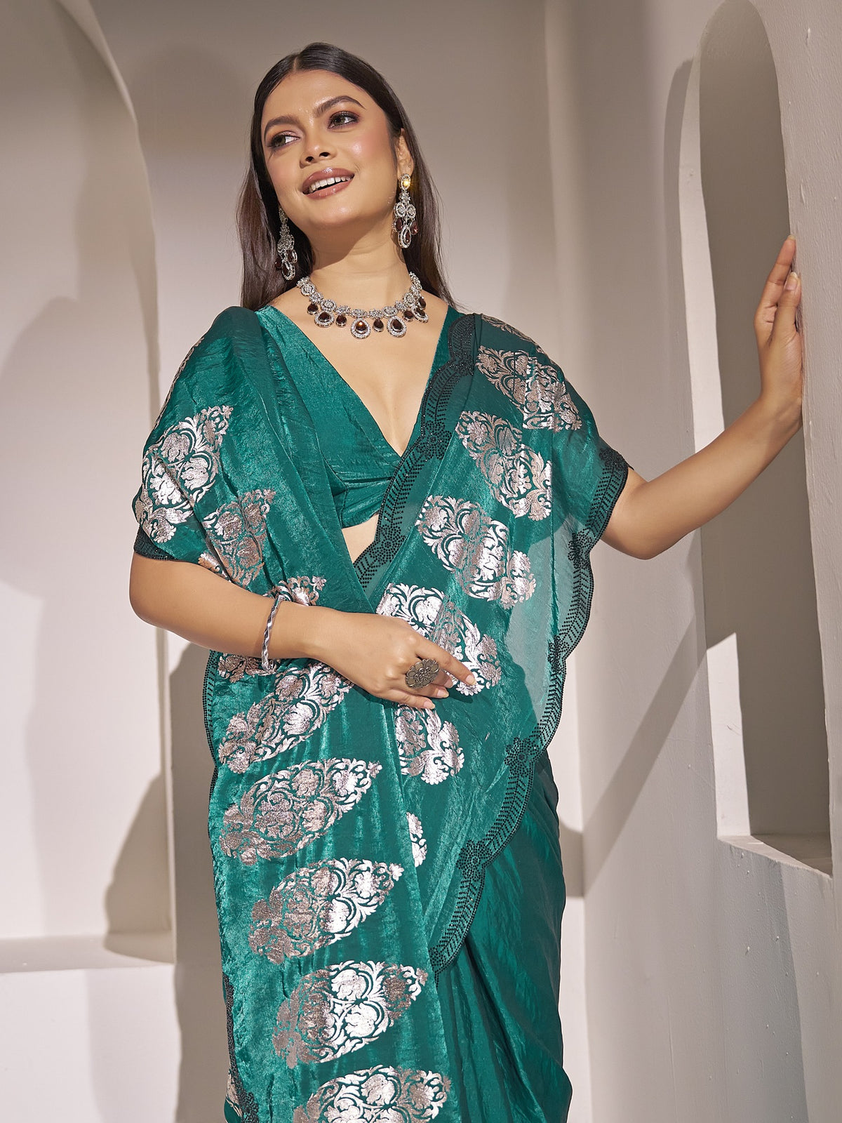 Teal Green satin silk saree view 3