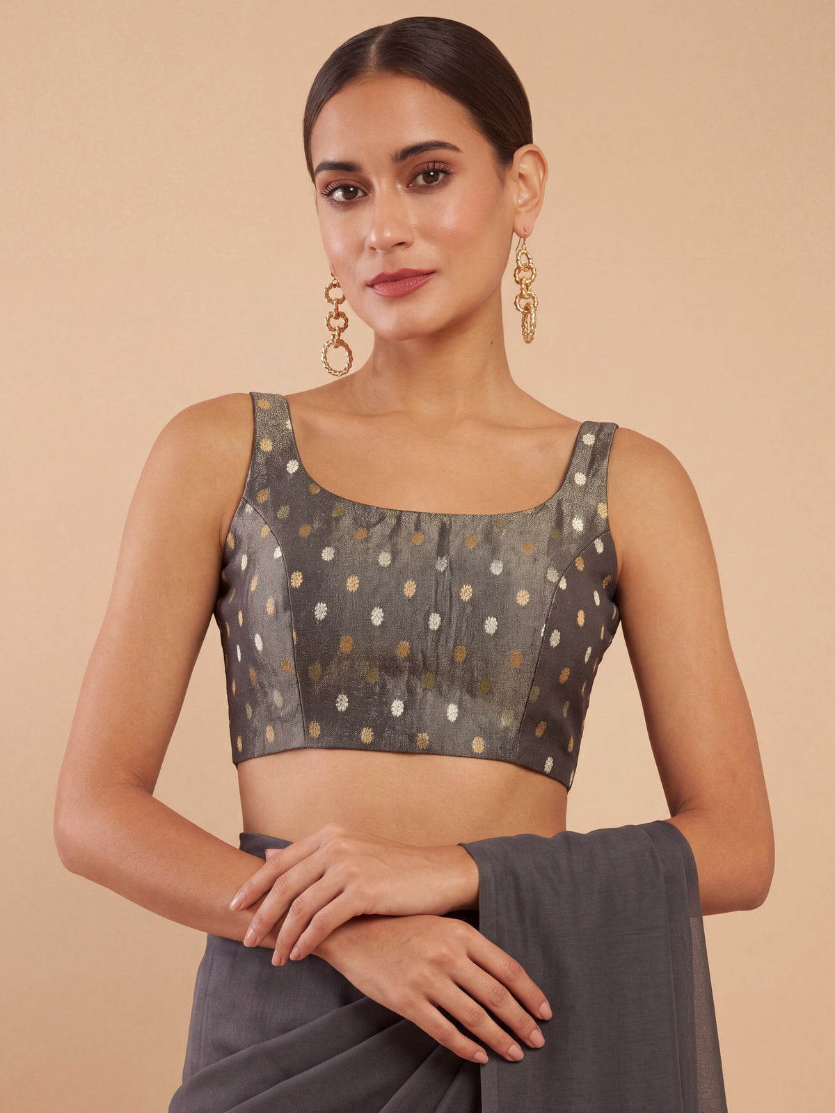 Olive zari woven georgette sleeveless readymade saree blouse with round neck