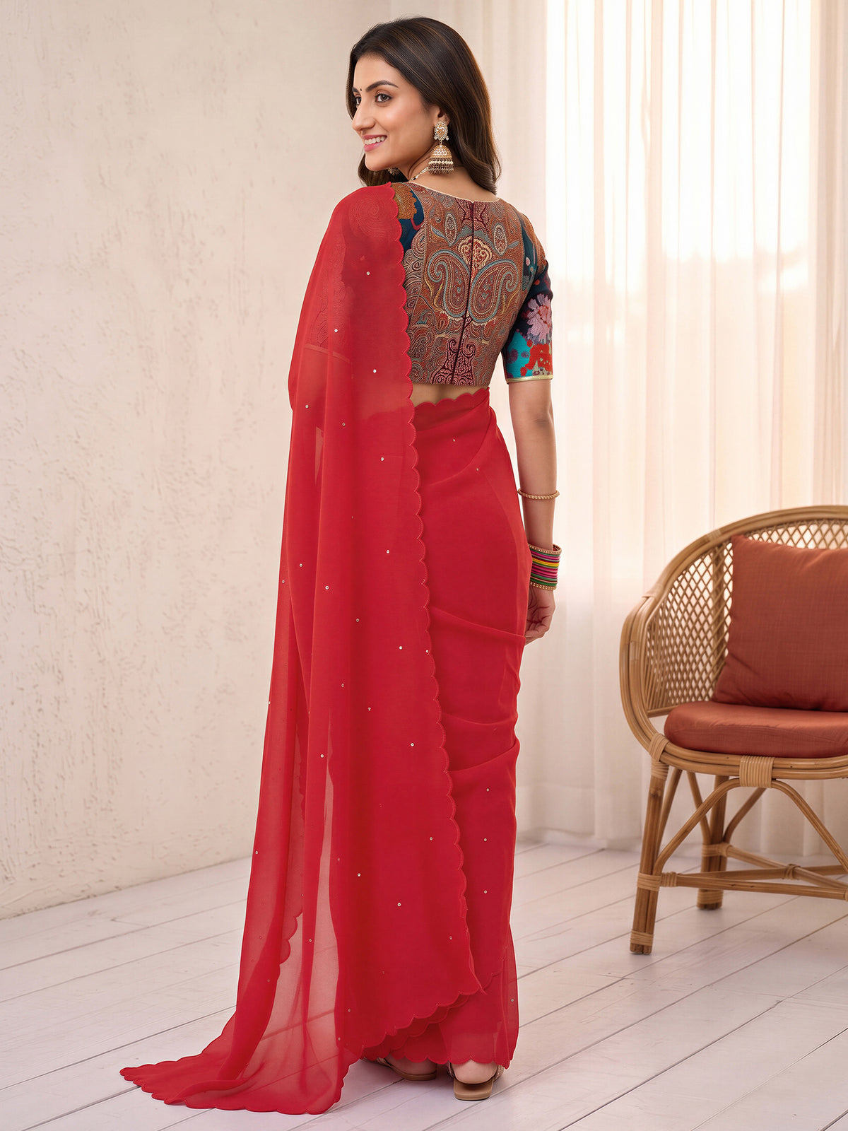 Red Cotton saree – detail view 1