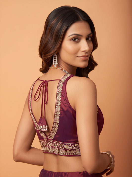 Maroon sequin embellished silk blend sleeveless readymade saree blouse with deep v neck view 1