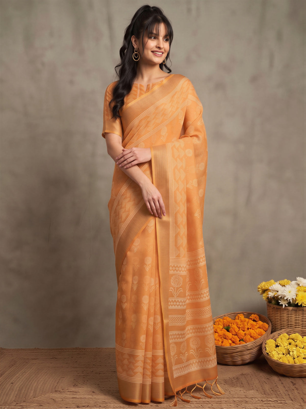 Orange Linen saree – detail view 3