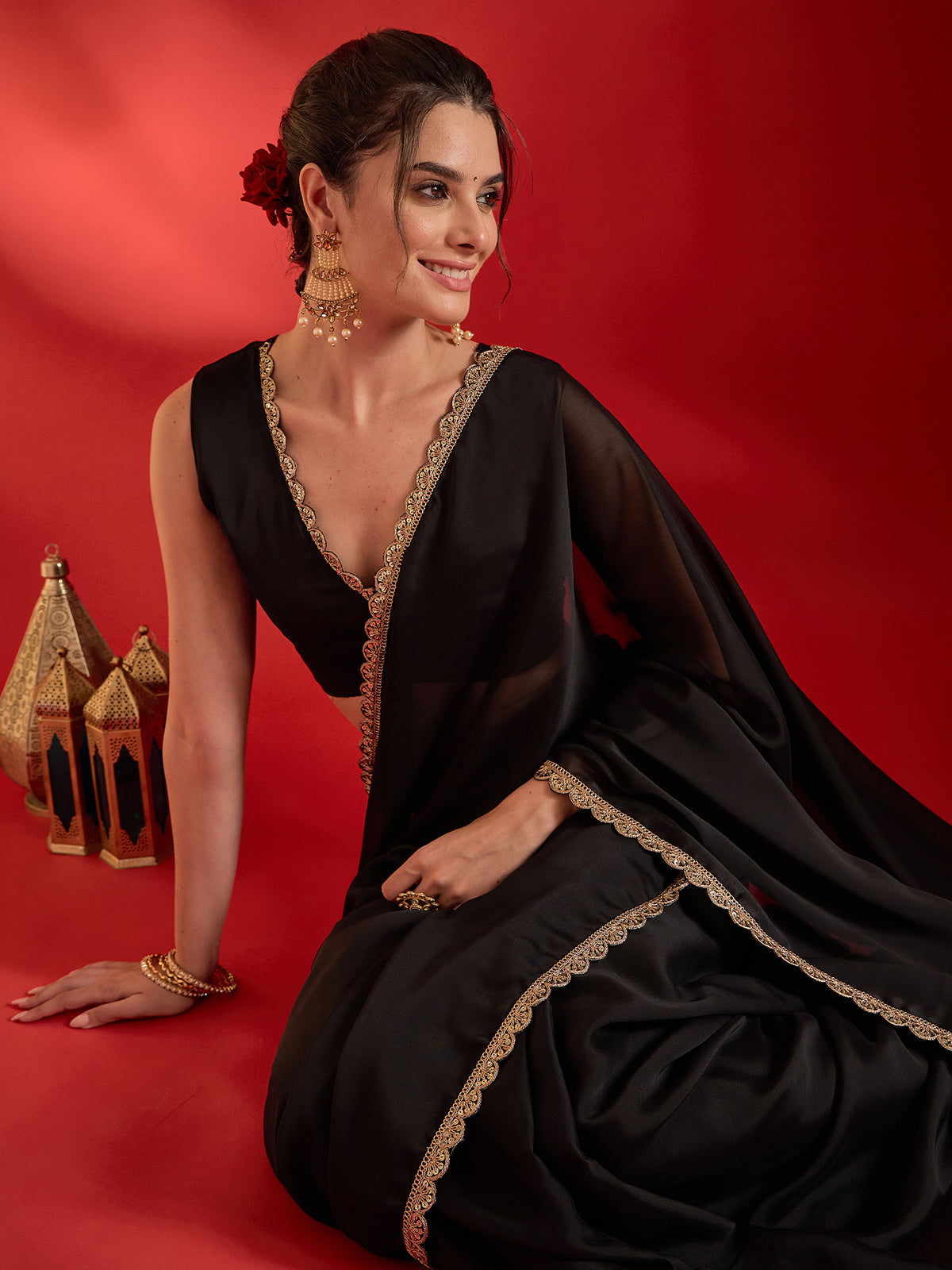 Black Pure Georgette saree – detail view 3