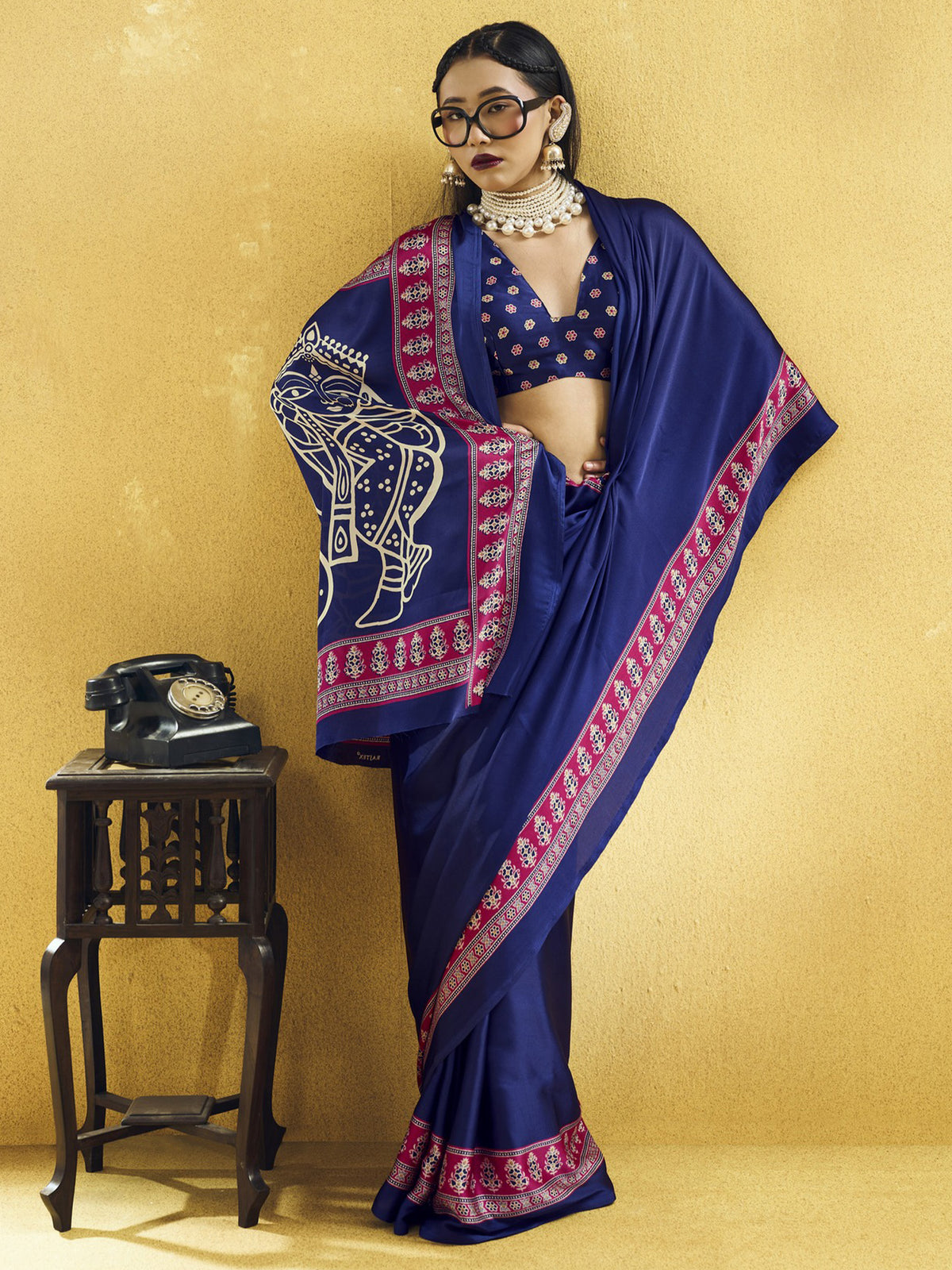 Navy Blue satin saree view 4