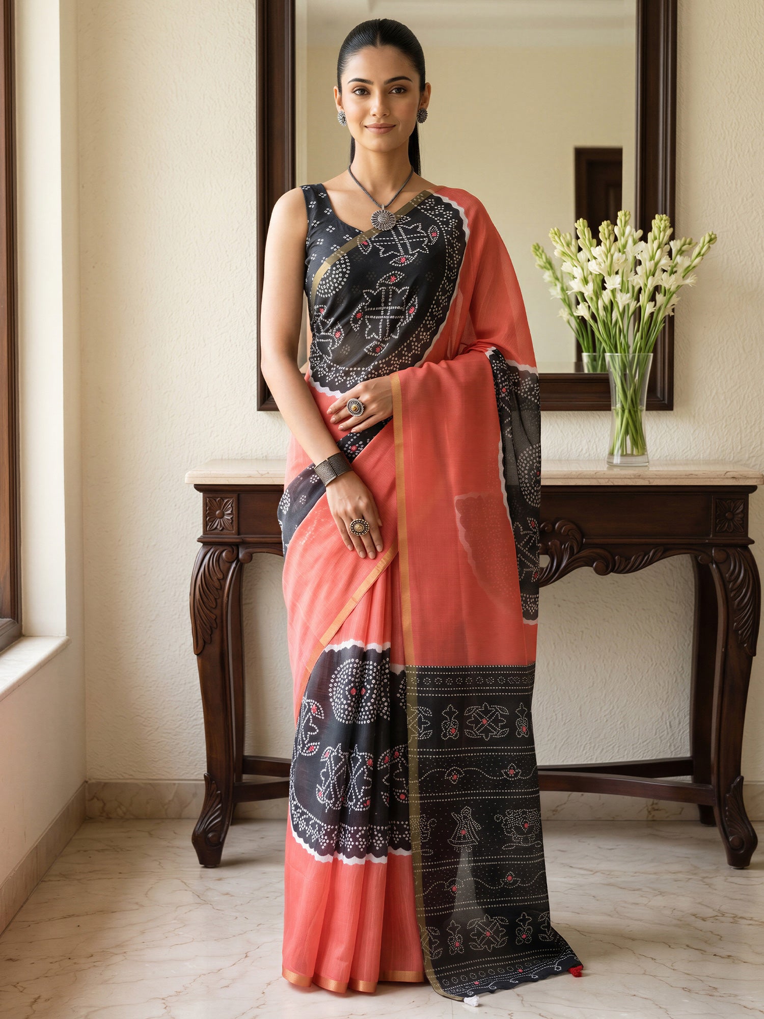Woman wearing coral cotton blend saree with bandhani tie-dye dot work and black blouse