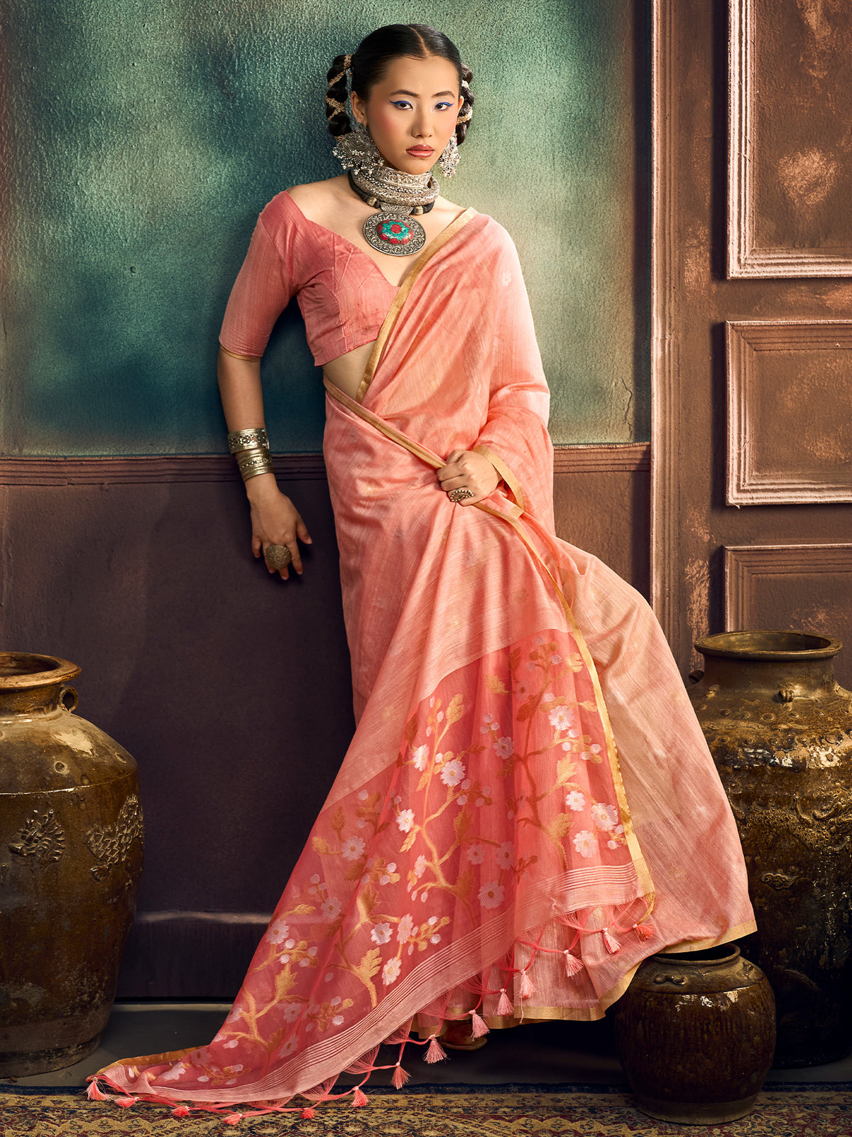 Peach Muga Cotton saree – detail view 2