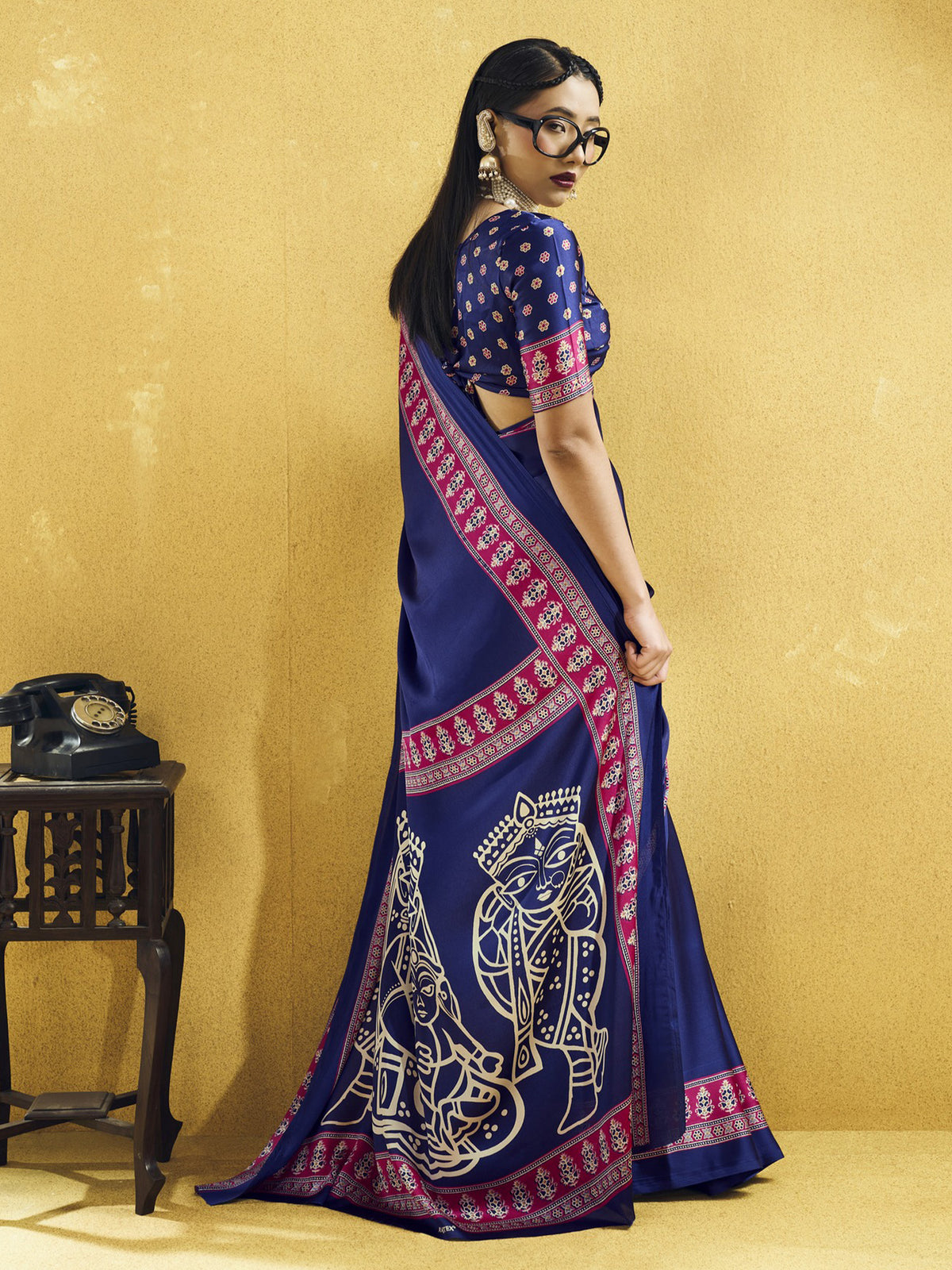 Navy Blue satin saree view 3