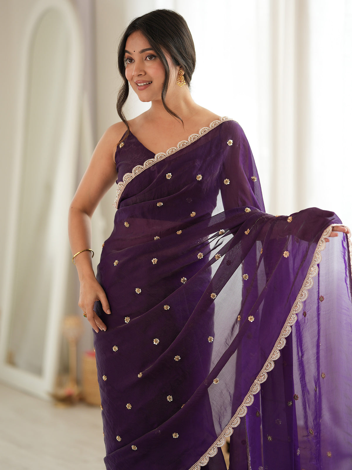 Purple Satin saree – detail view 4