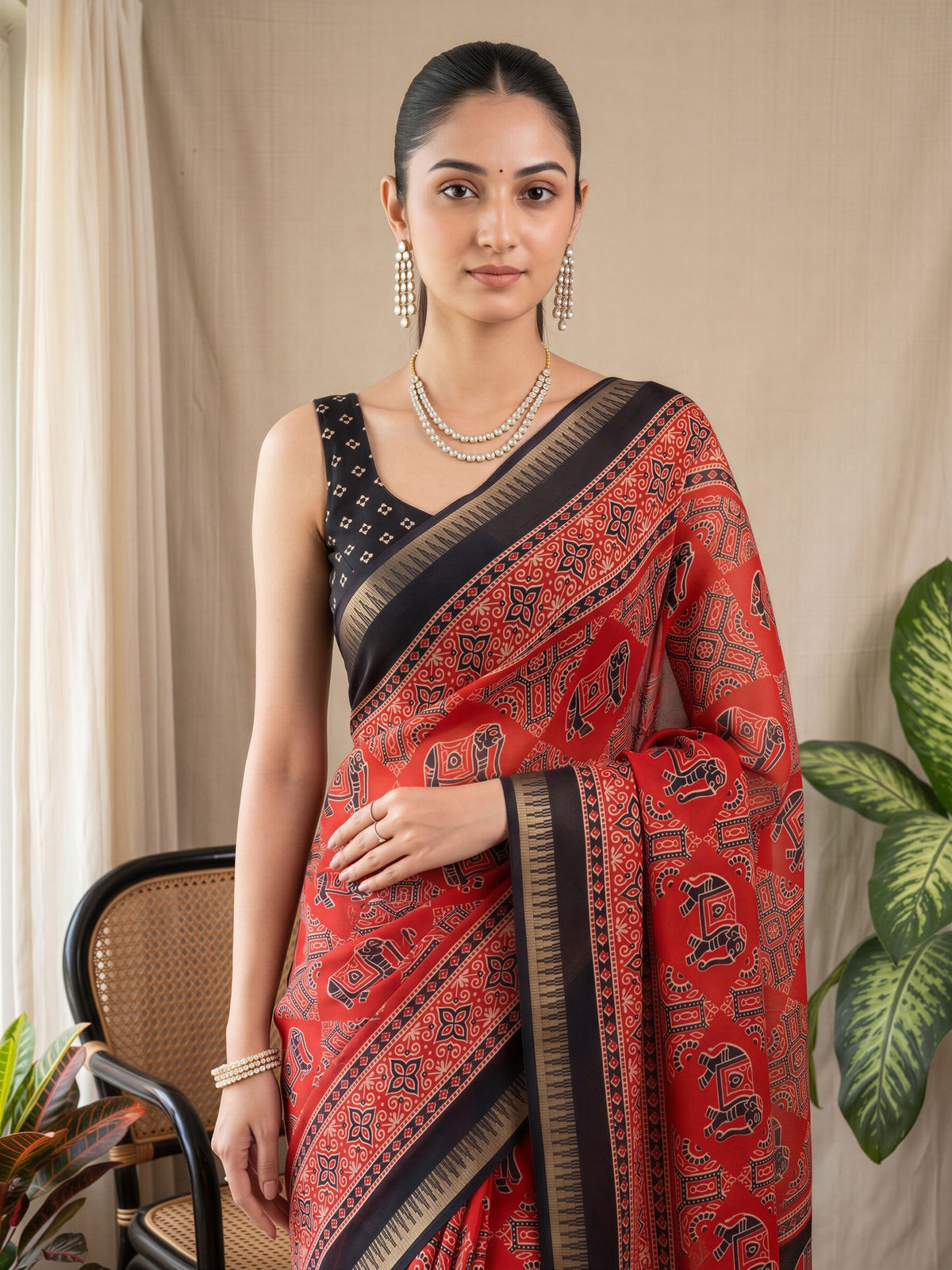 Rust Georgette saree – detail view 4