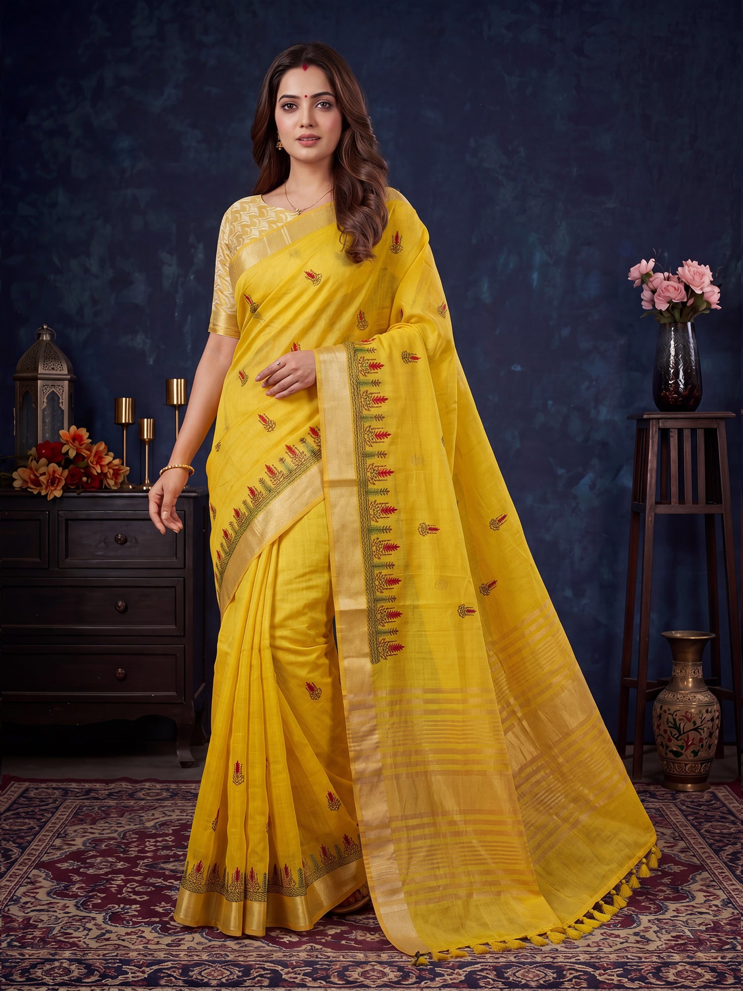 Yellow Cotton Linen saree – detail view 2