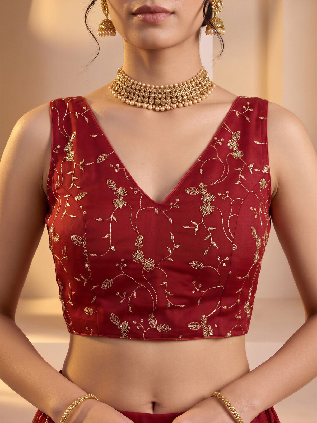 Red sequin embroidered vichitra silk sleeveless readymade saree blouse with v neck view 3