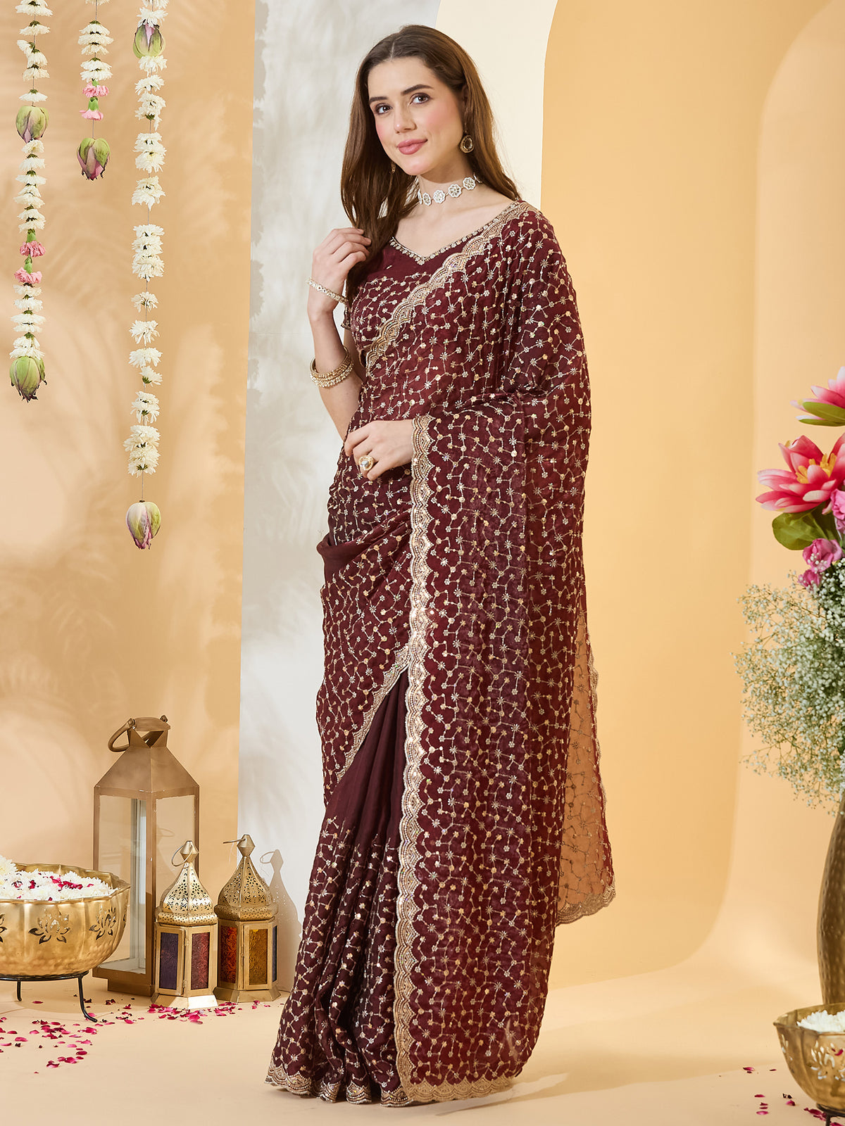 Maroon Satin saree – detail view 2