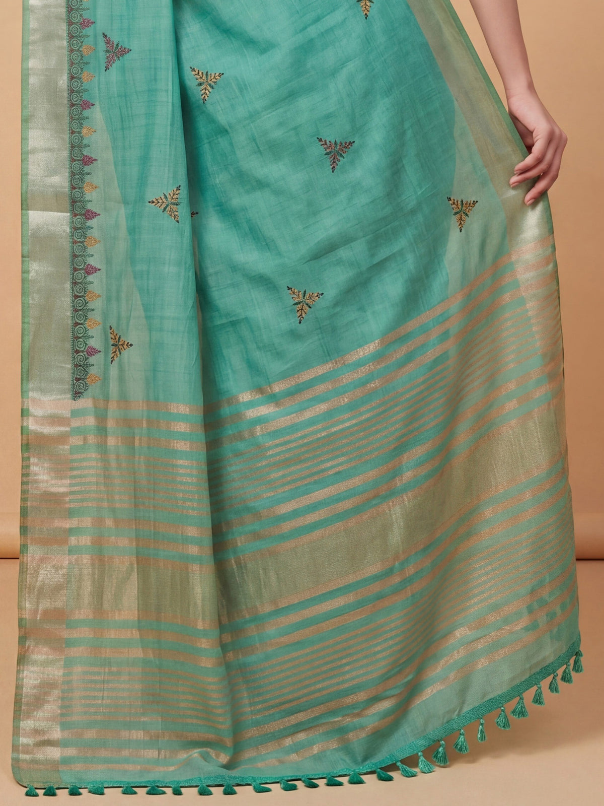 Sea Green Cotton Linen saree – detail view 5