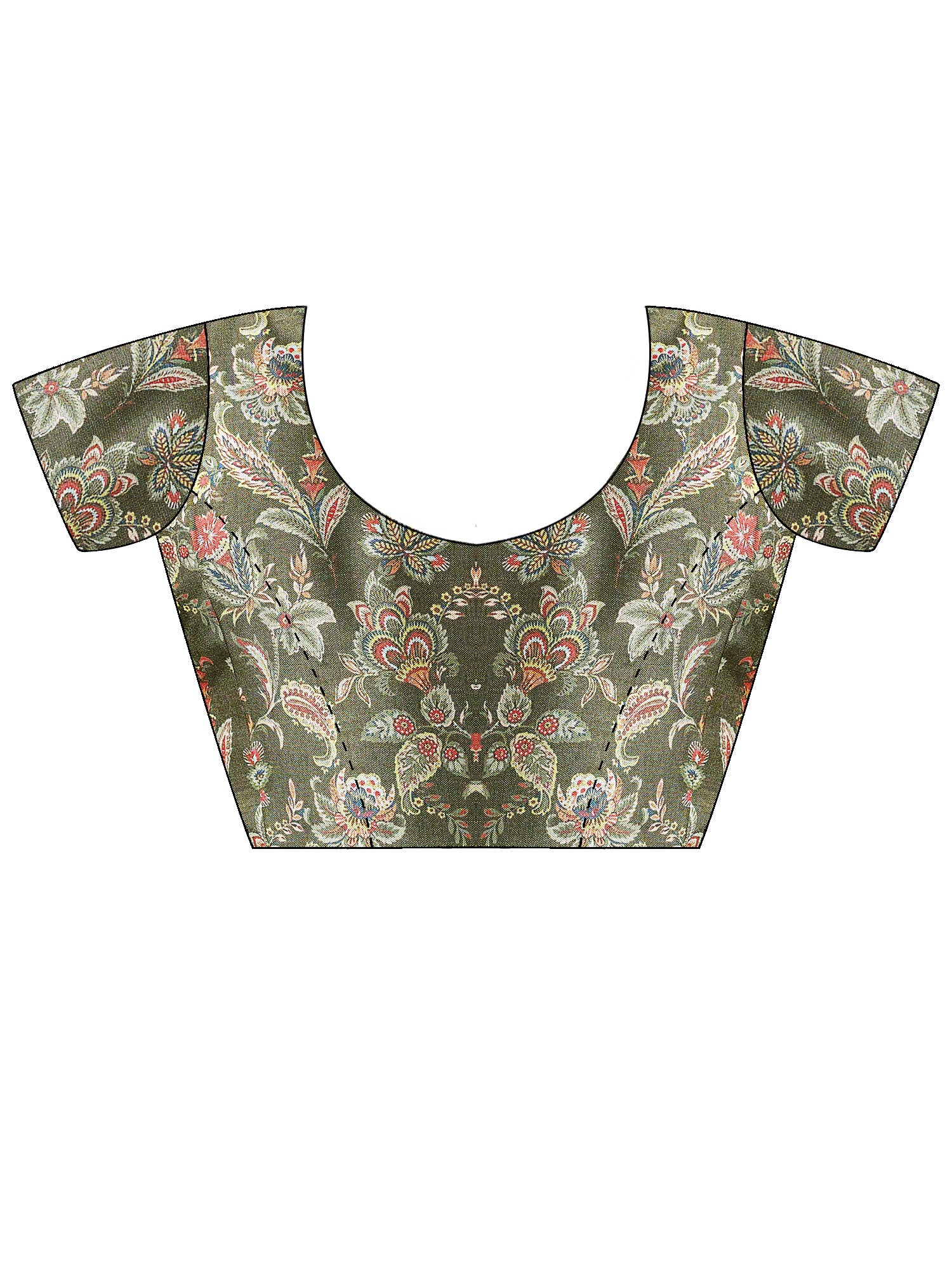 Unstitched green cotton blend blouse piece with botanical design