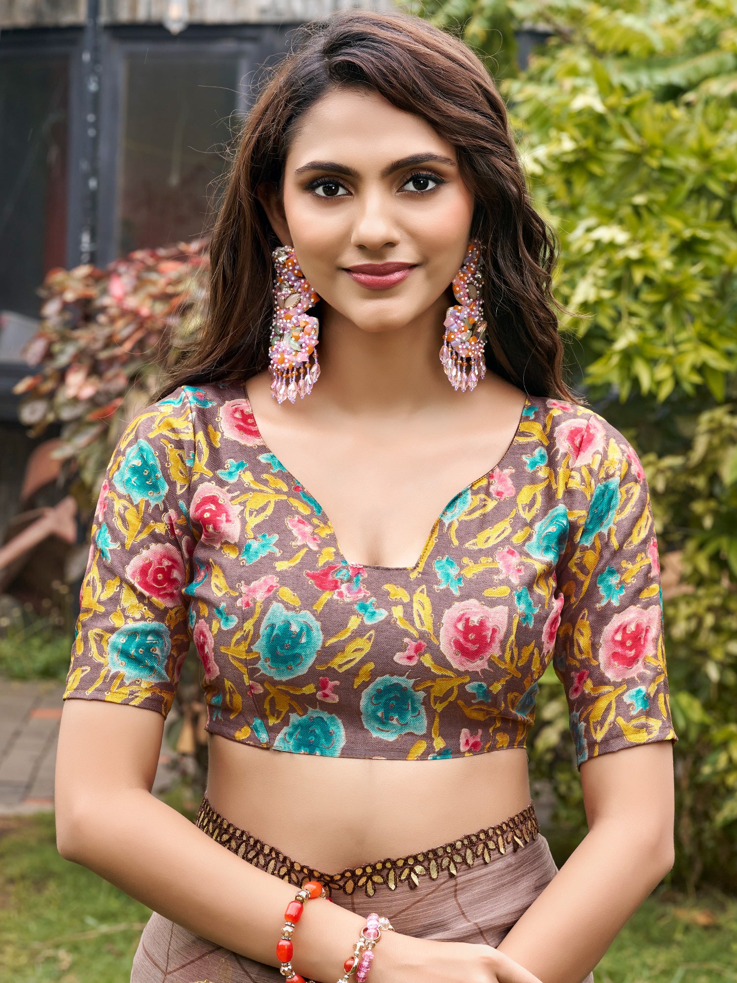 Unstitched multicolored pashmina silk blouse piece with floral design