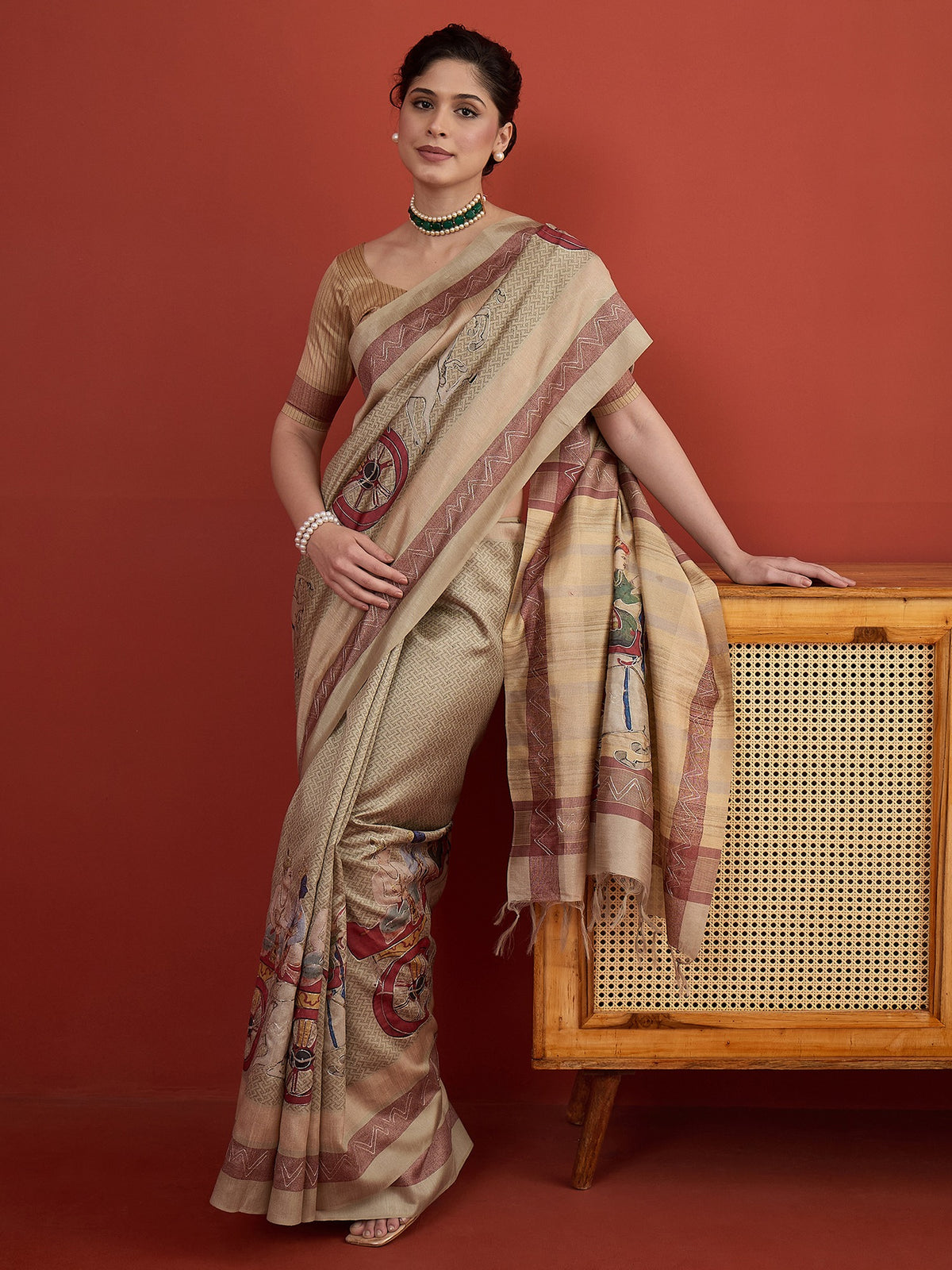 Beige art silk saree view 5