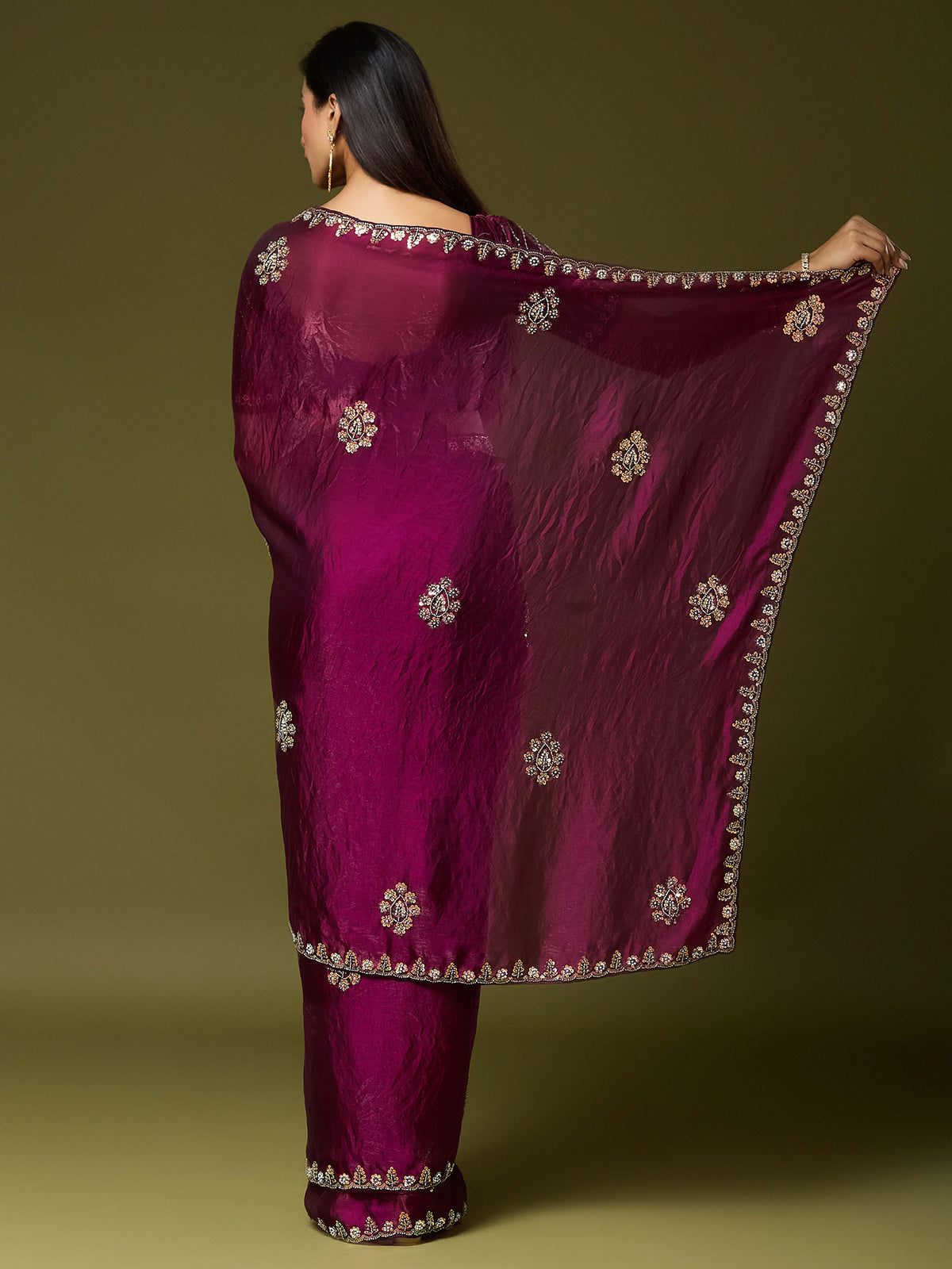 Wine Satin Silk saree – detail view 1