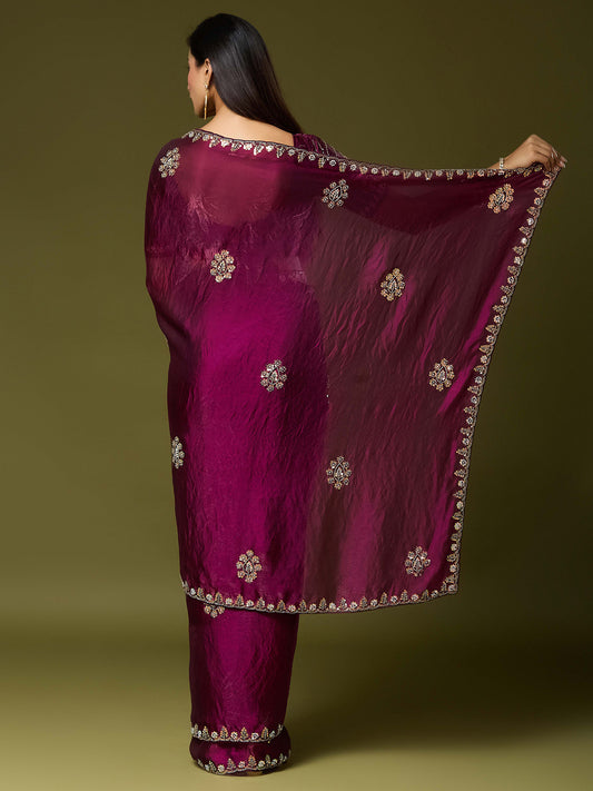 Wine Satin Silk saree – detail view 1