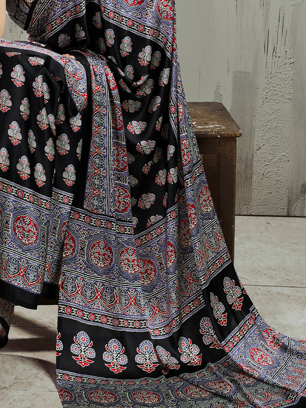 Black satin saree view 4