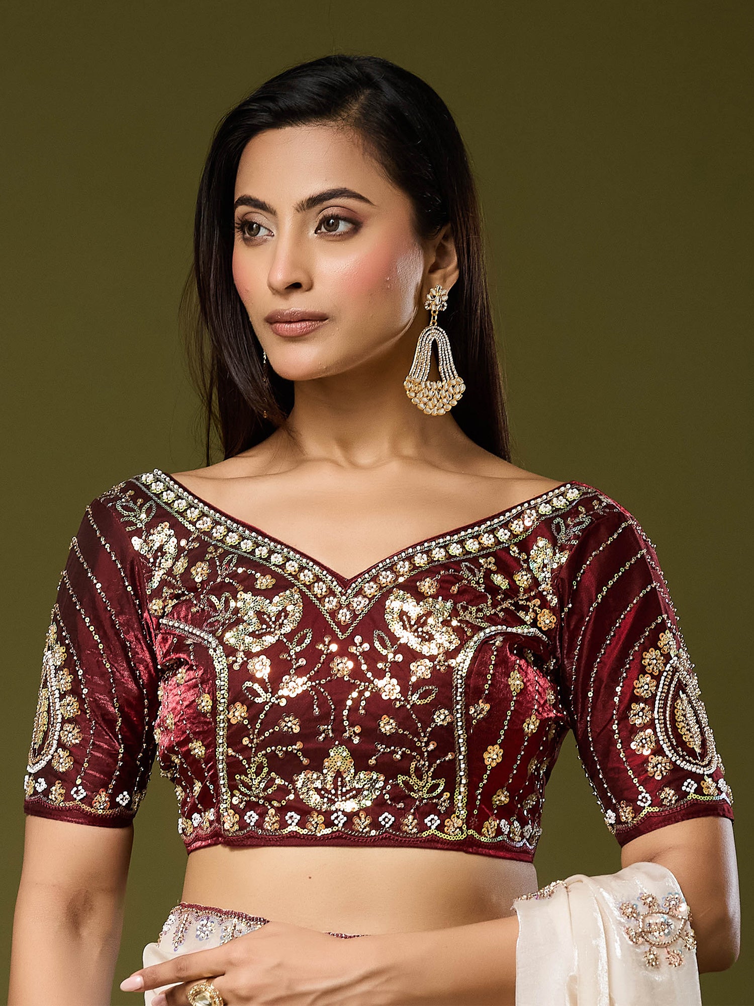 Unstitched maroon satin silk blouse piece with embellished design