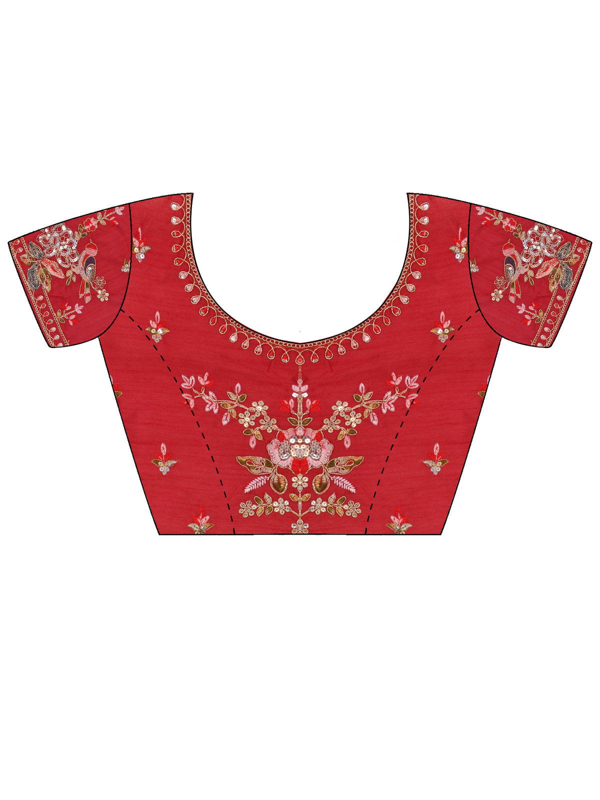 Unstitched red organza blouse piece with embellished design