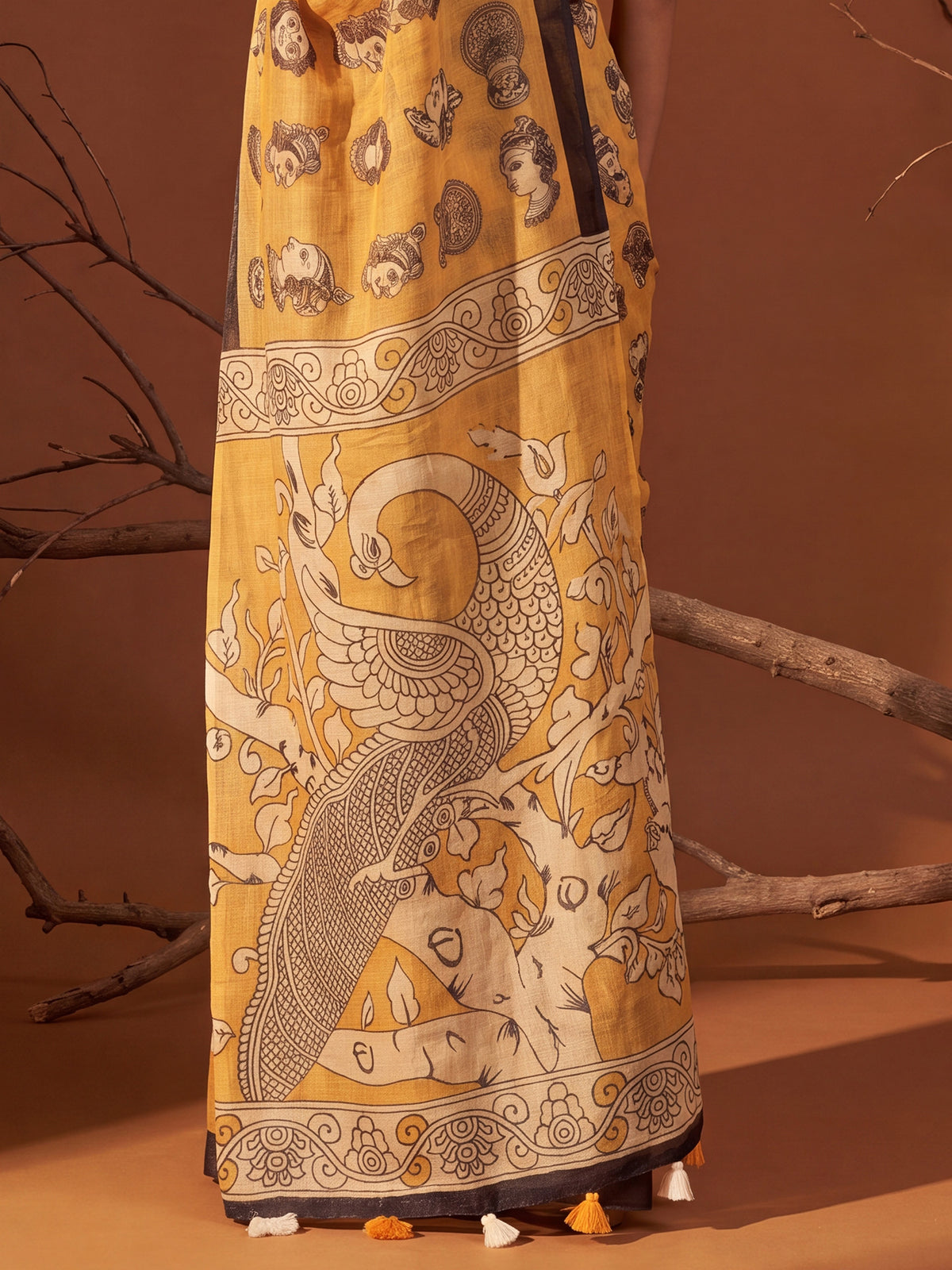Mustard Cotton Linen saree – detail view 5
