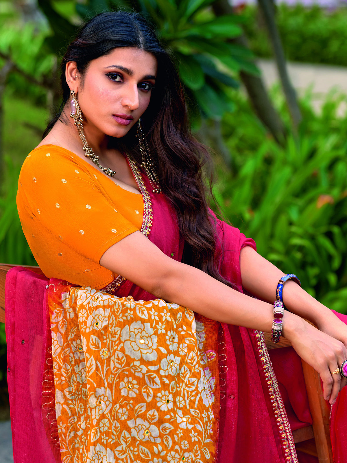 Red chiffon saree view 1