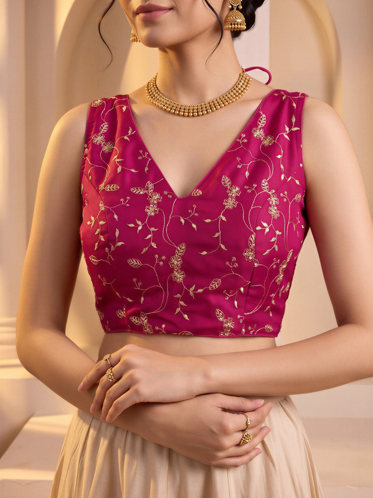 Pink sequin embroidered vichitra silk sleeveless readymade saree blouse with v neck view 4