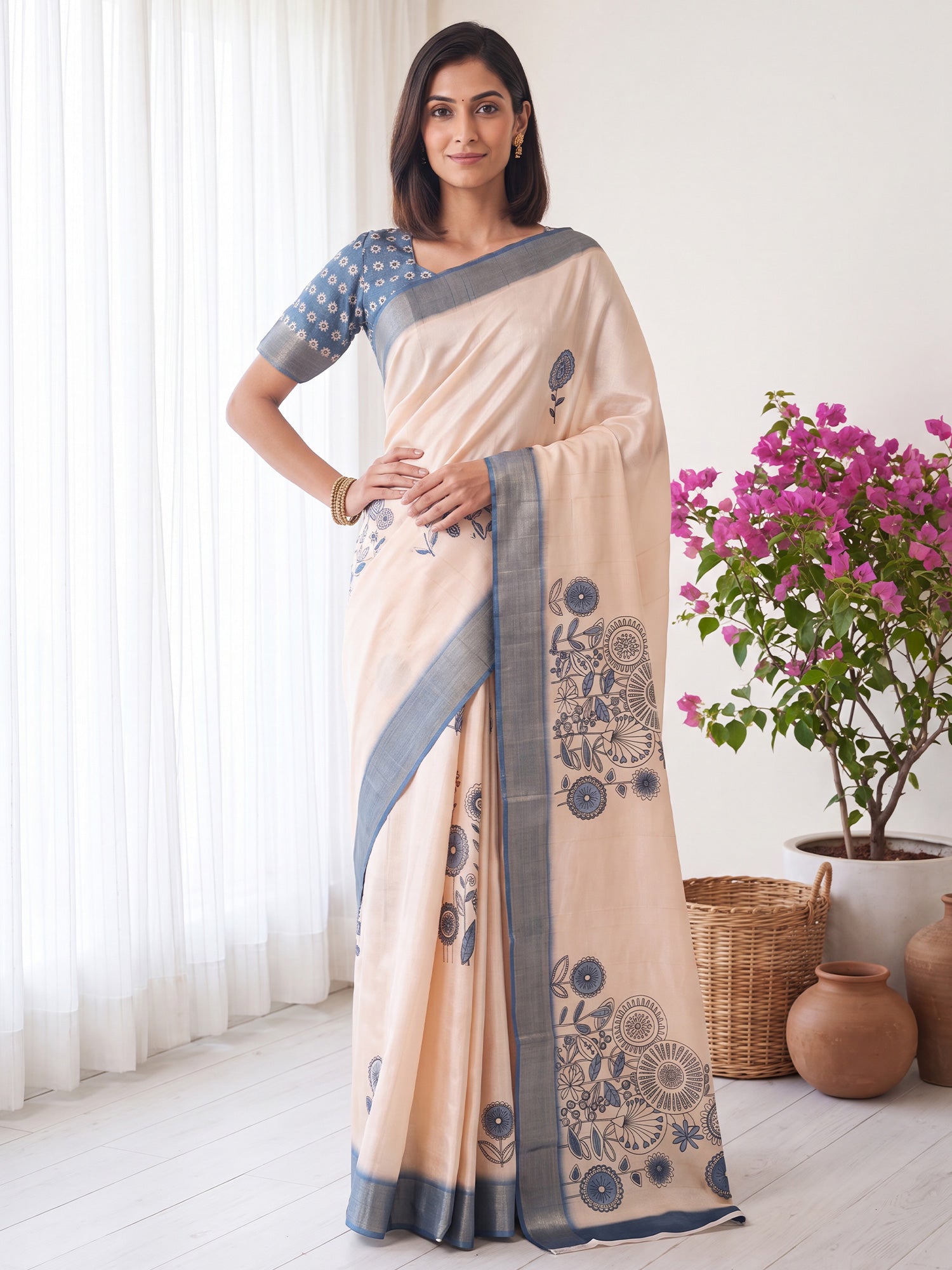 White Satin Silk saree – detail view 3