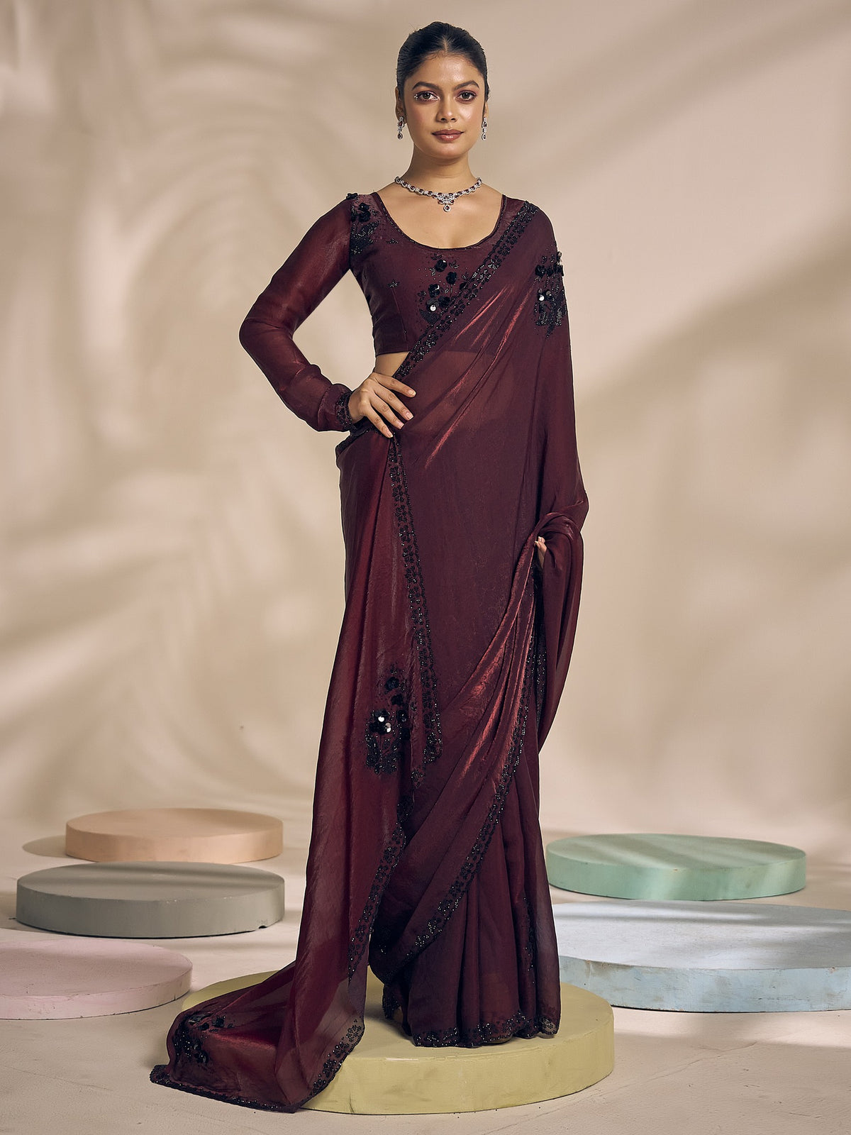 Wine satin silk saree view 3