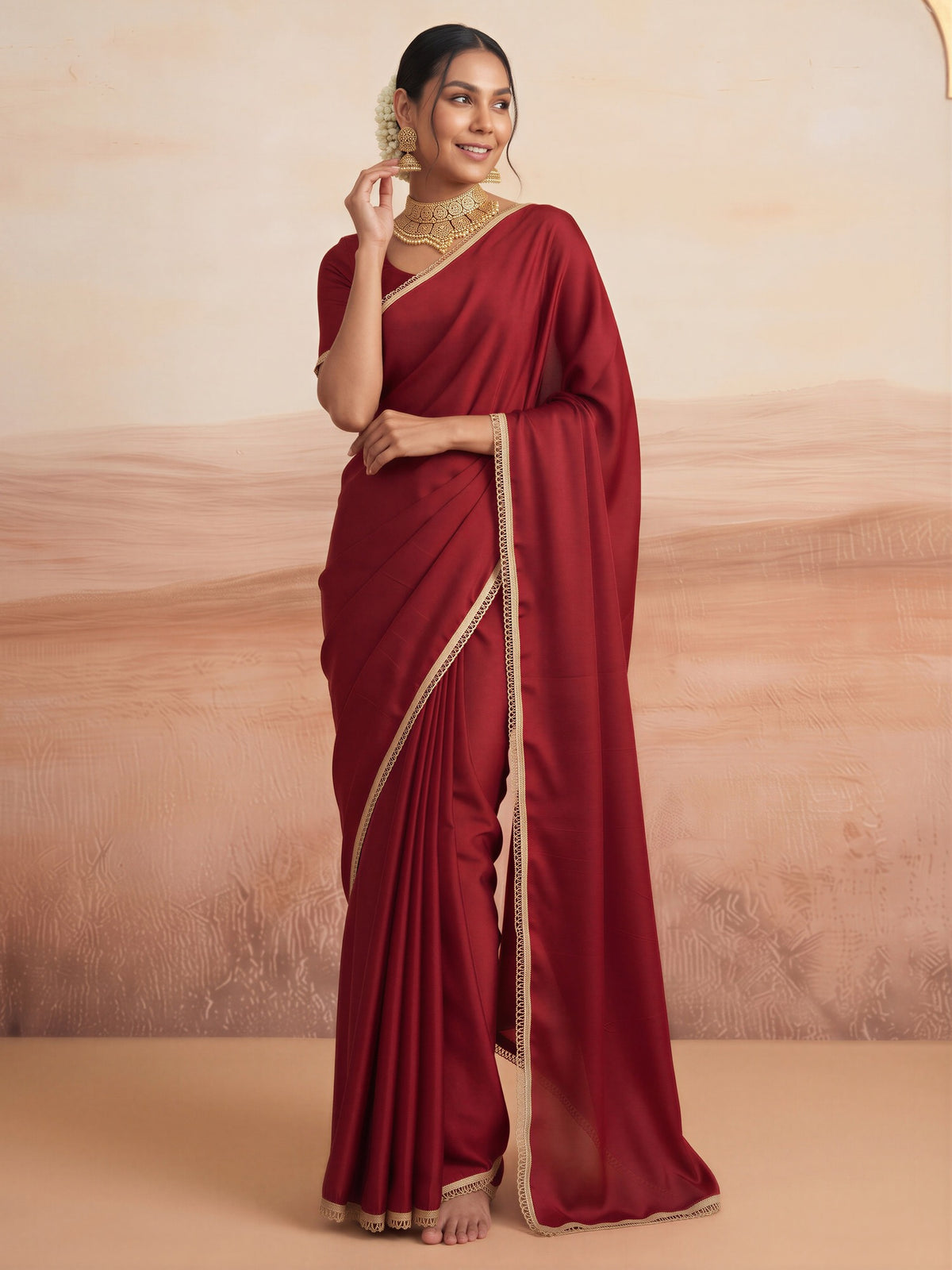 Maroon satin silk saree view 3