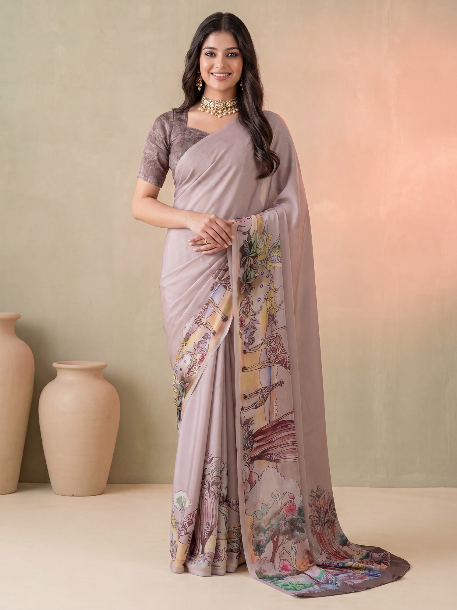 Woman wearing beige satin saree with animal-print design and beige blouse