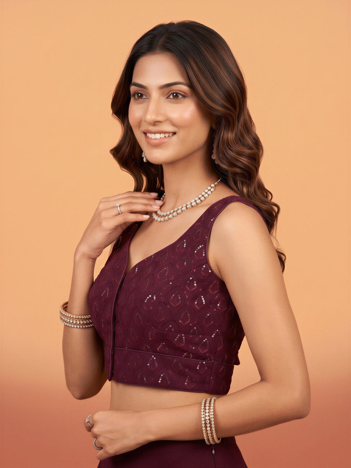 Wine sequin embroidered georgette sleeveless readymade saree blouse with sweetheart neck view 2