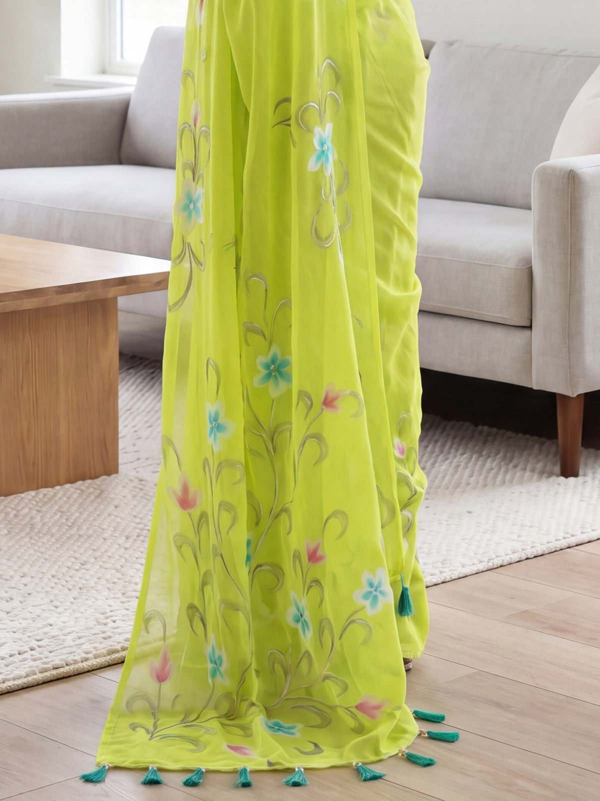 Lime Green Georgette saree – detail view 5