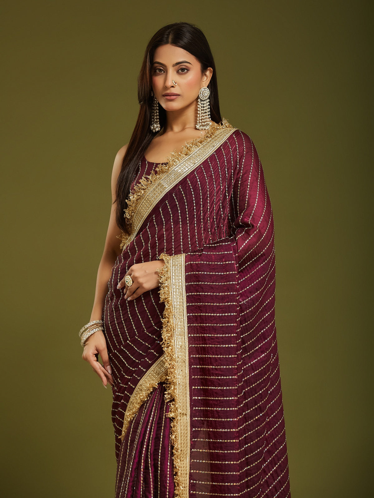 Wine Satin saree – detail view 6