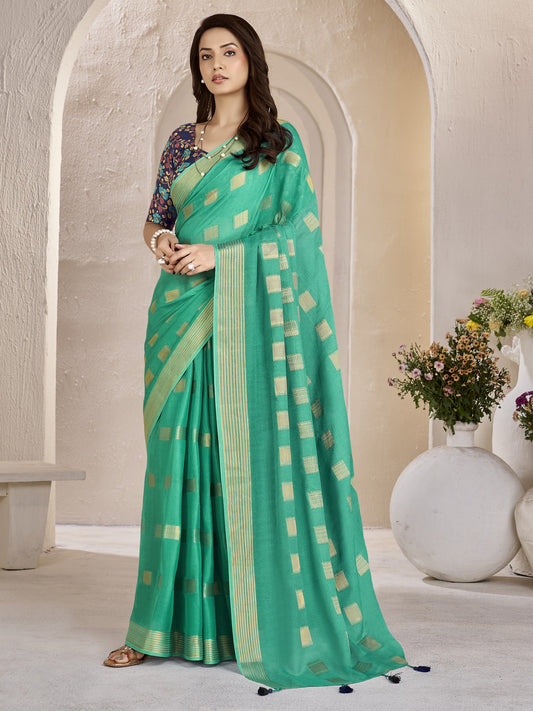 Teal Green zari butta georgette saree with navy blue blouse piece