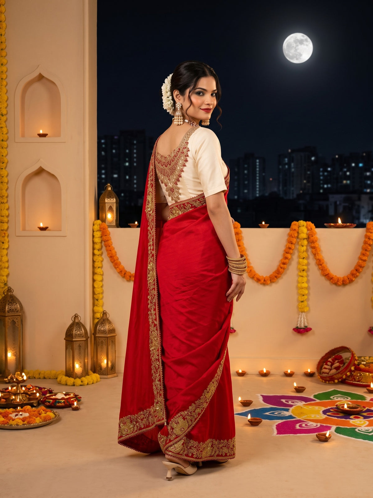 Red Satin Silk saree – detail view 3