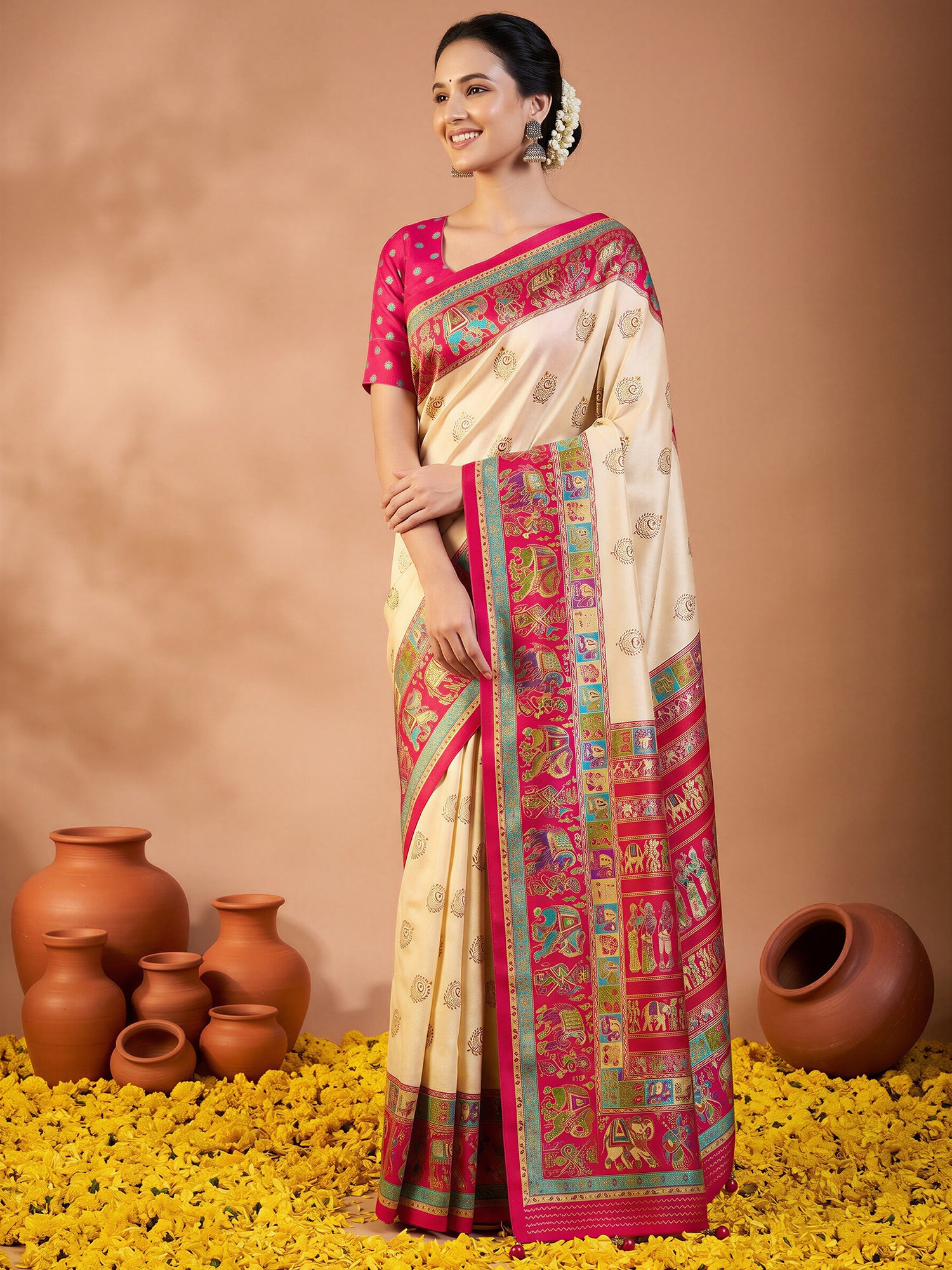 Woman wearing pink silk blend saree with metallic foil print work and pink blouse