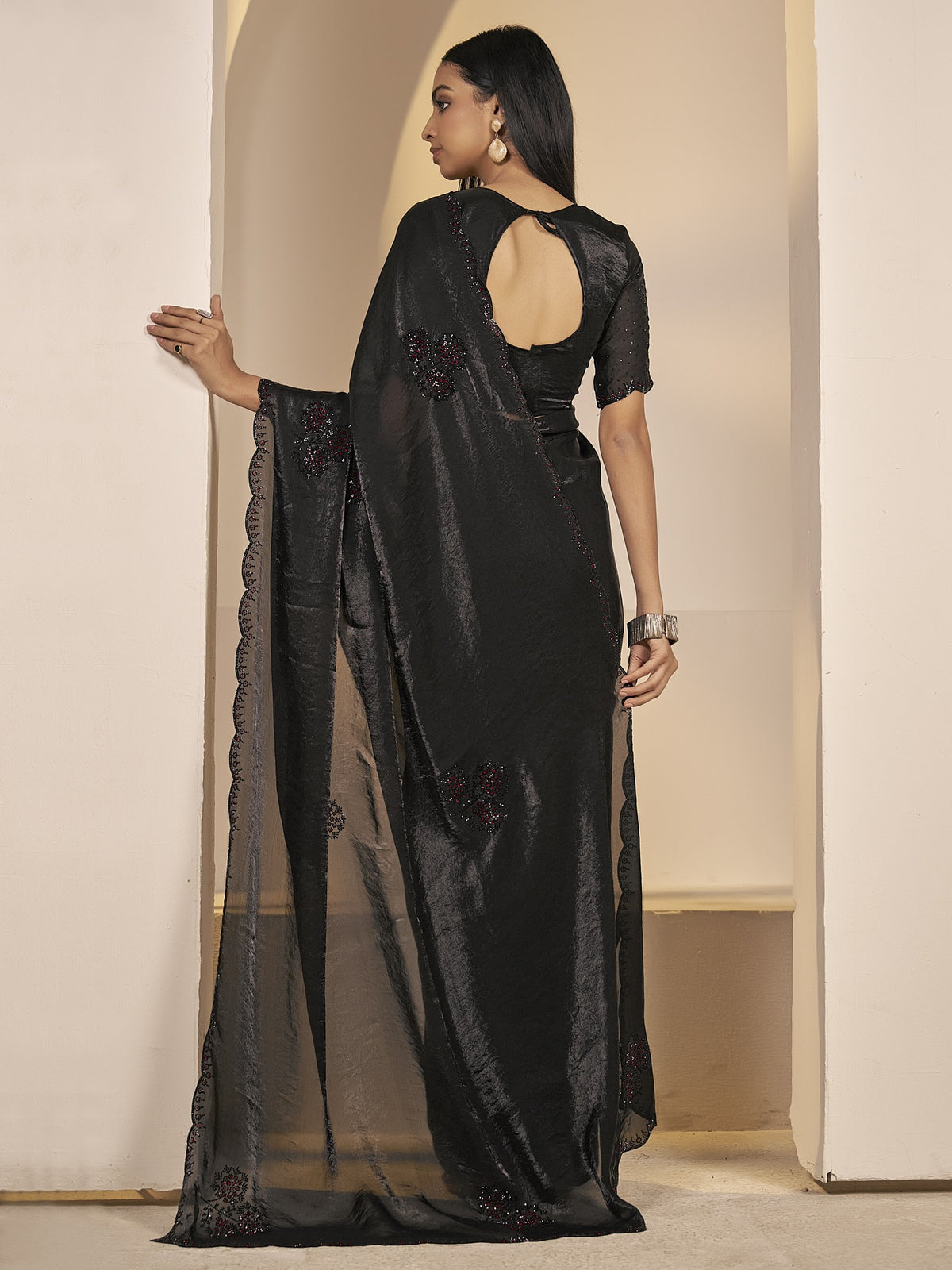 Black satin silk saree view 2