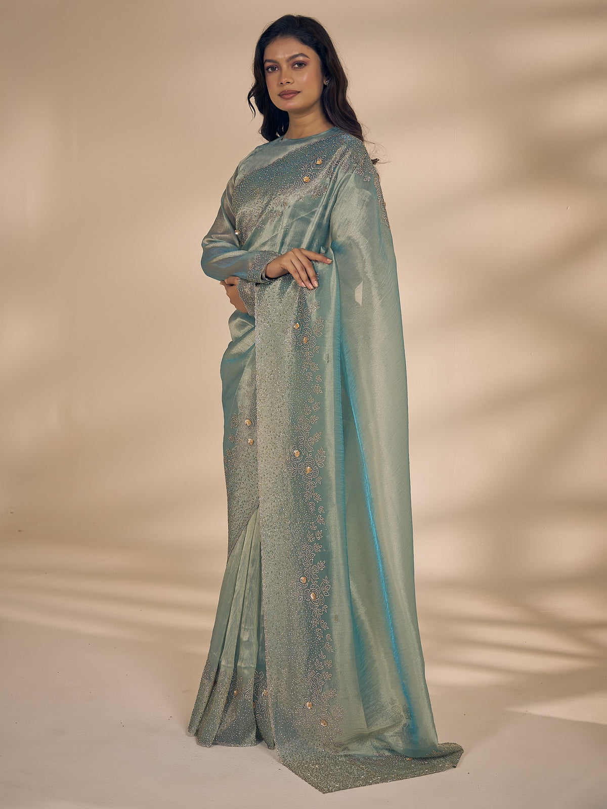 Light Blue organza saree view 1