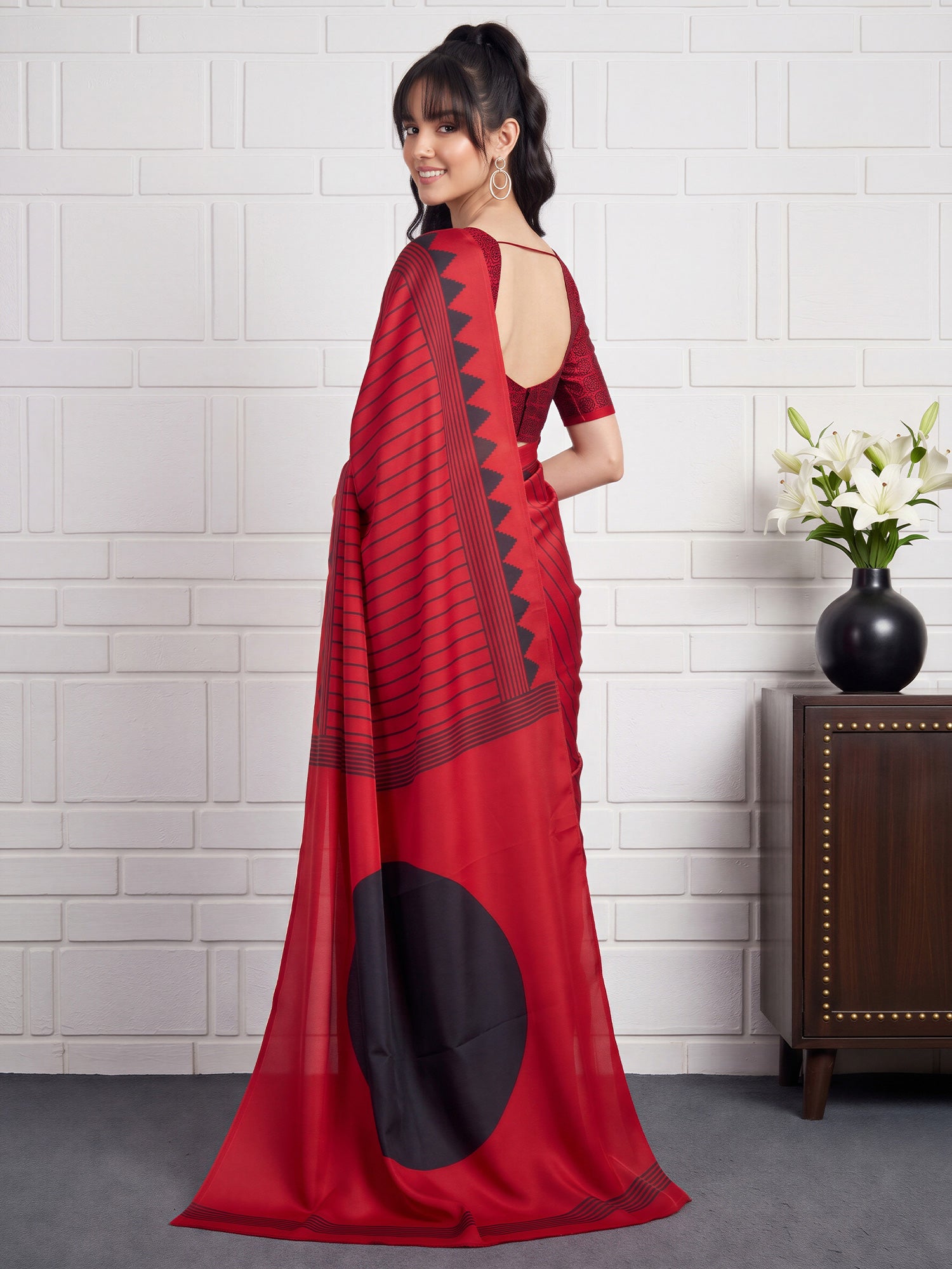 Red Satin saree – detail view 1