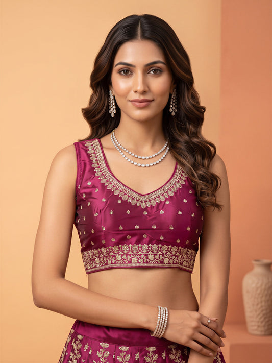 Wine sequin embellished silk blend sleeveless readymade saree blouse with round neck