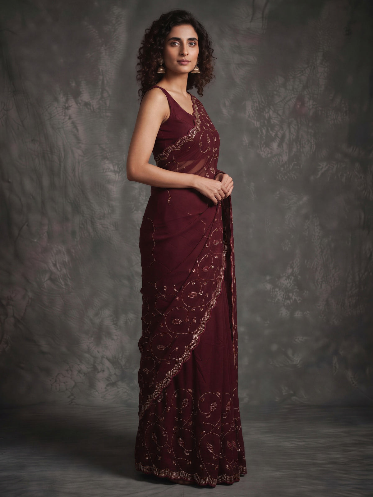 Wine satin saree view 2