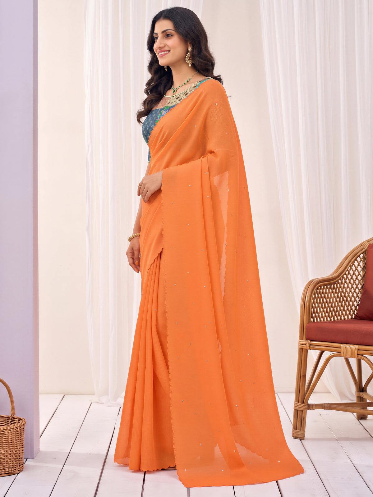 Orange Cotton saree – detail view 2