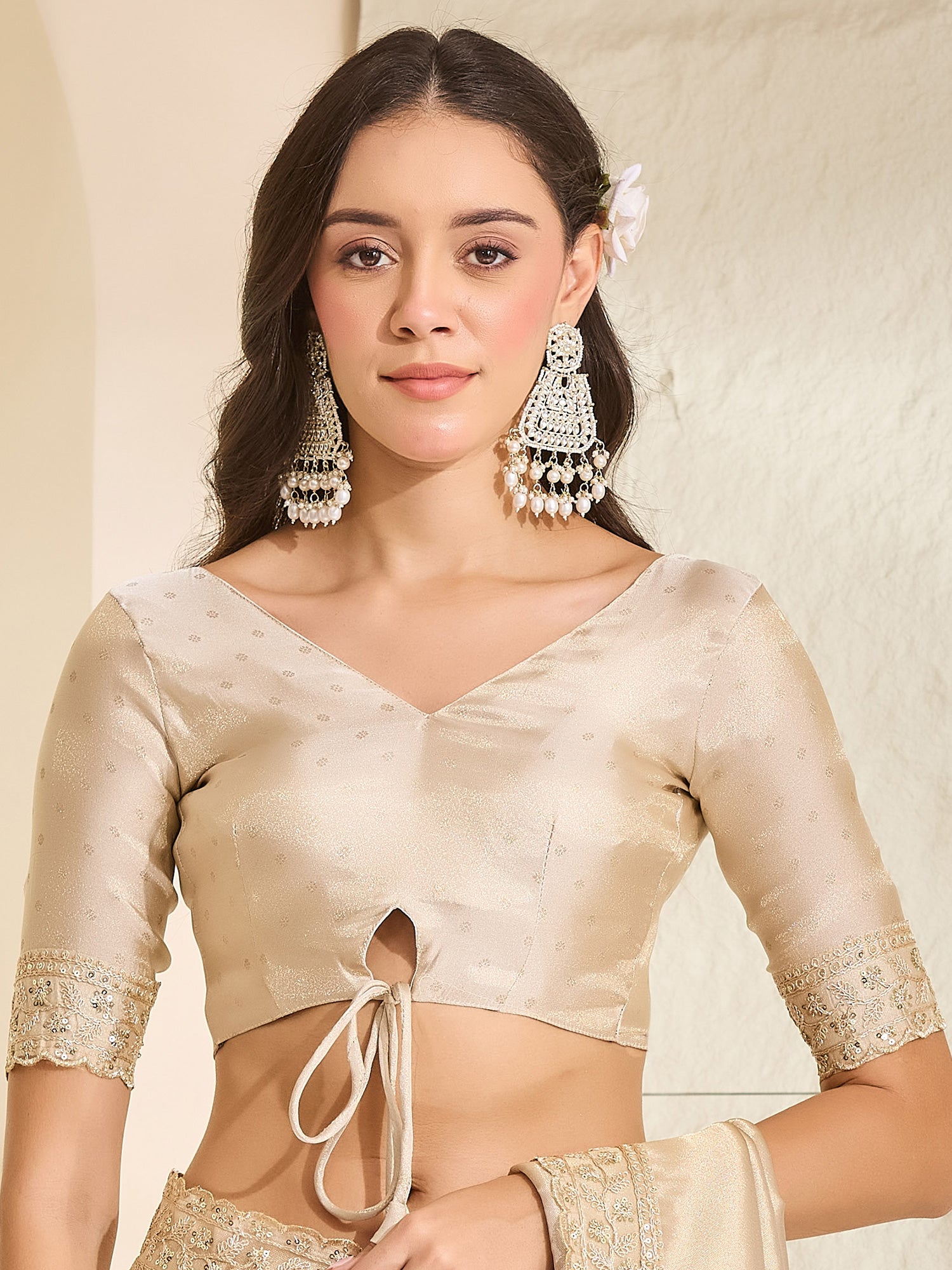 Unstitched cream silk blend blouse piece with embellished design