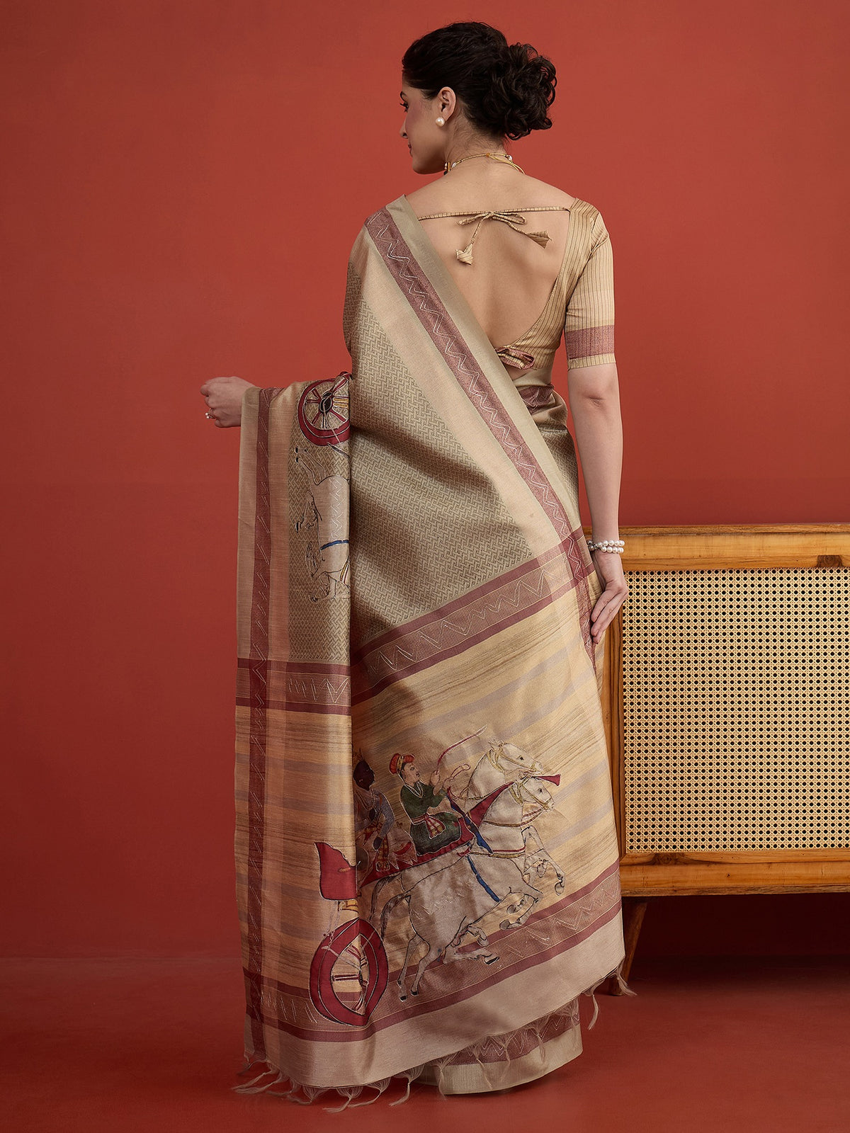 Beige art silk saree view 2
